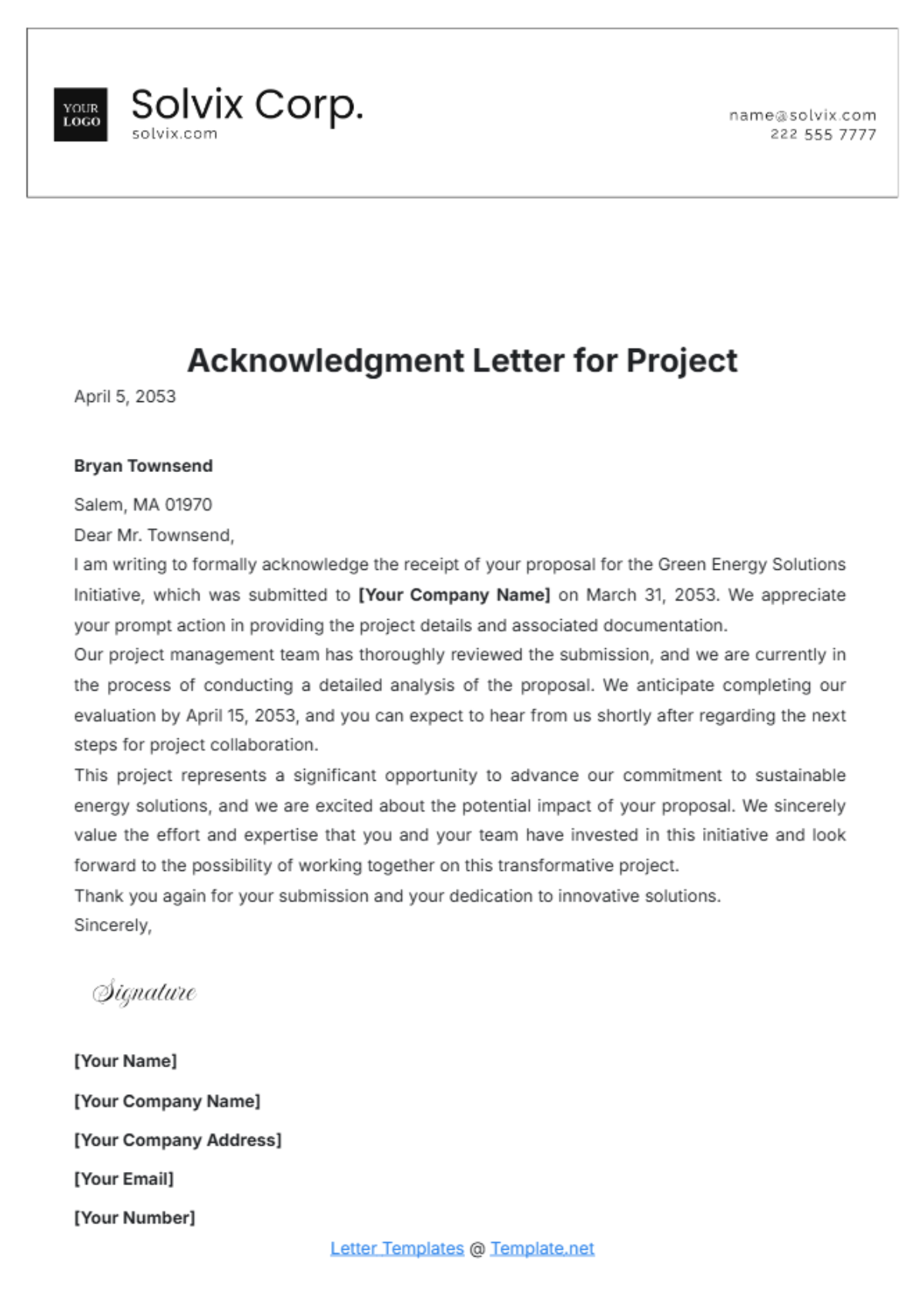 Acknowledgement Letter for Project Template