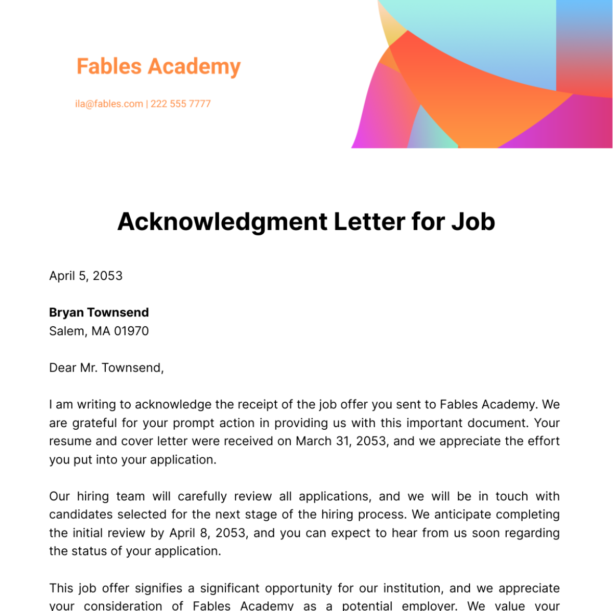 Acknowledgement Letter for Project Template