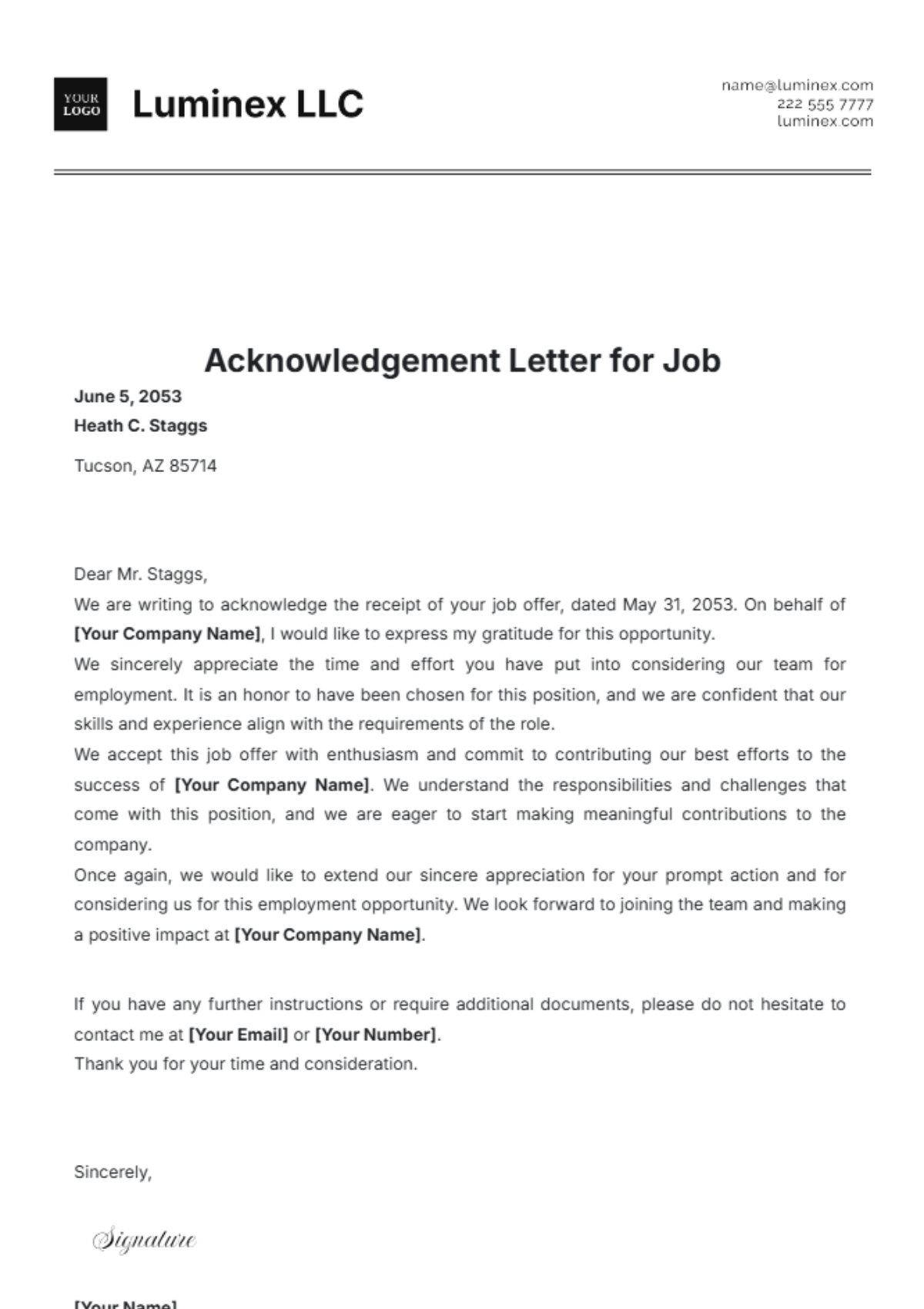 Acknowledgement Letter for Job Template