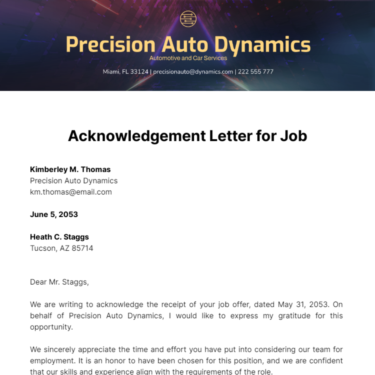 Acknowledgement Letter for Job Template