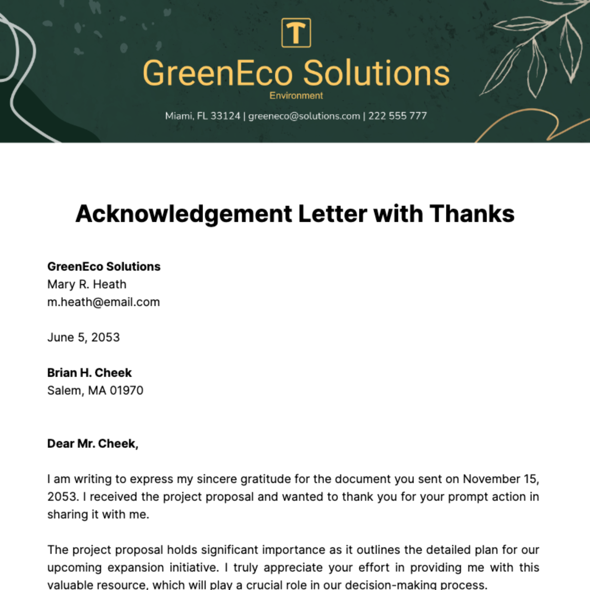 Acknowledgement Letter with Thanks Template