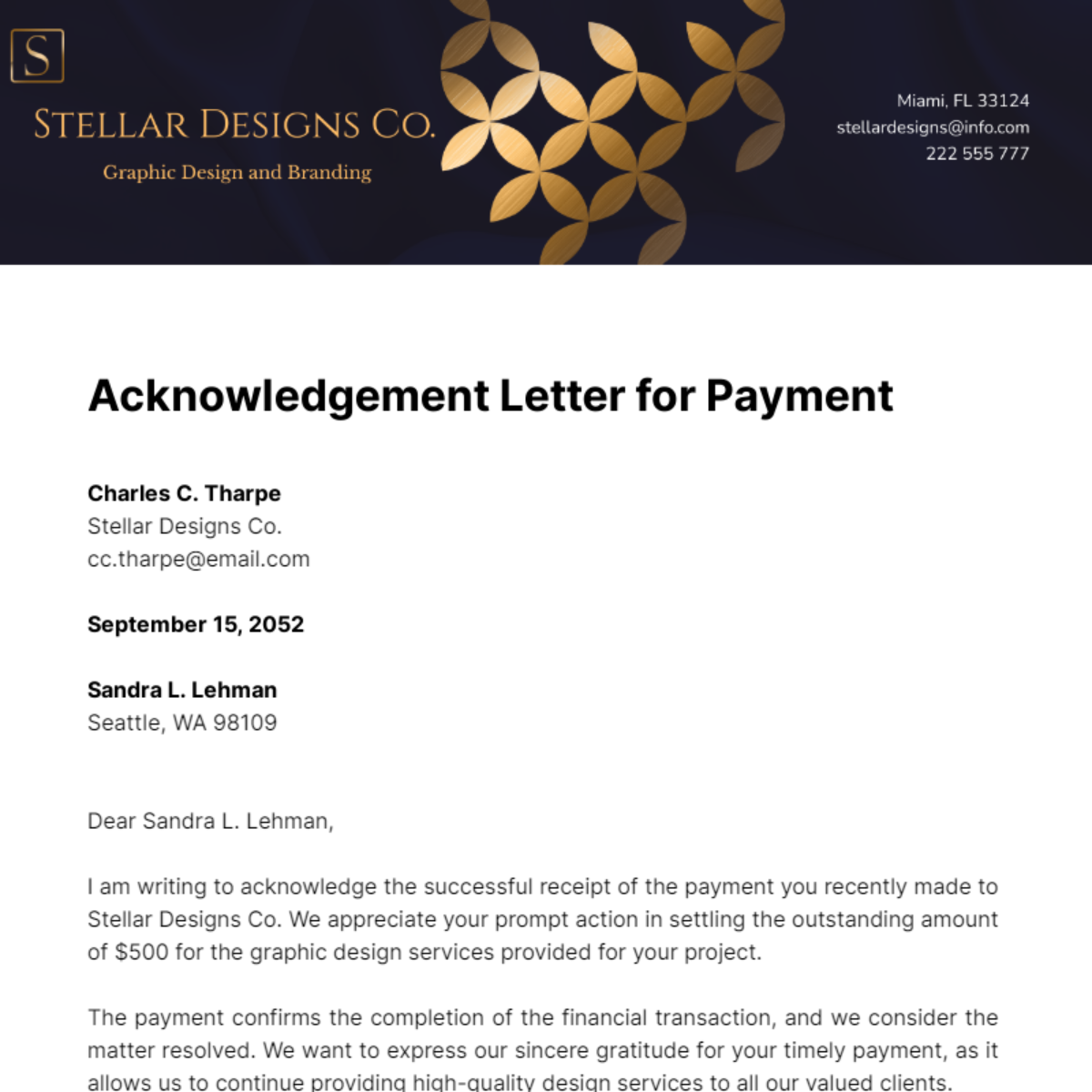 Acknowledgement Letter for Payment Template