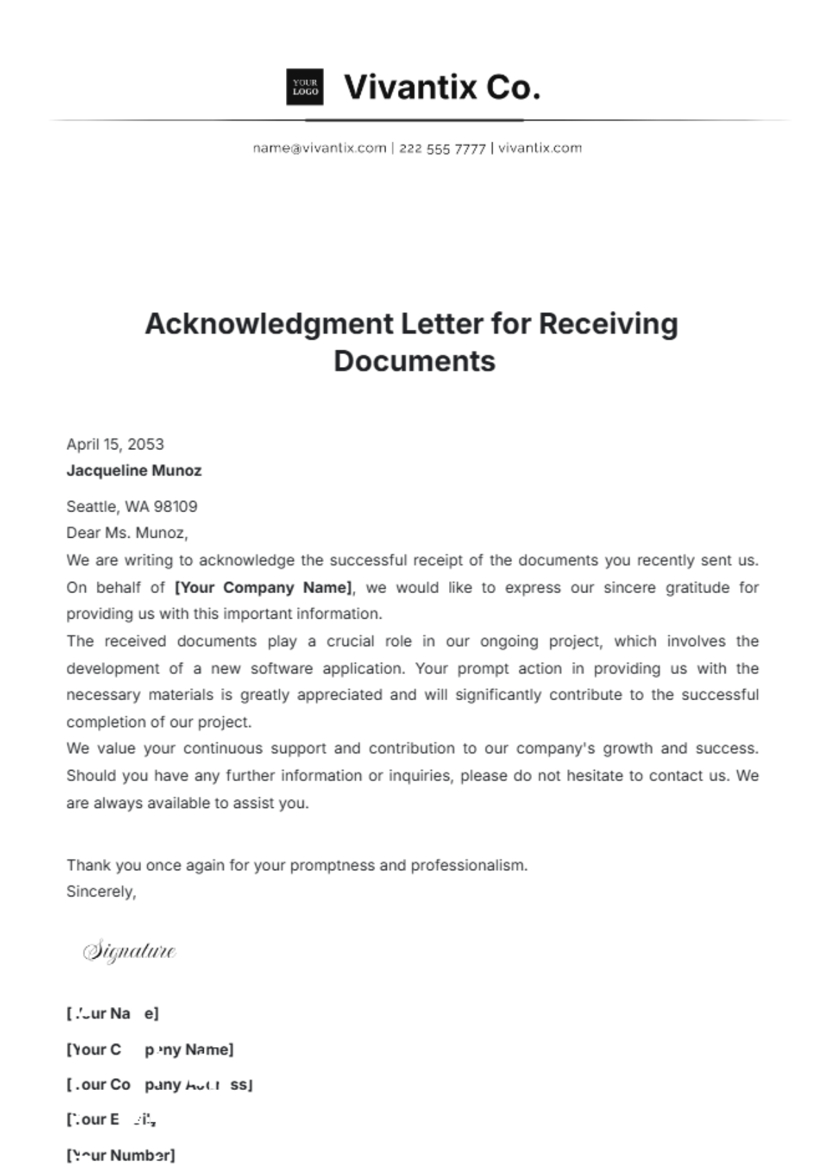 Acknowledgement Letter for Receiving Documents Template