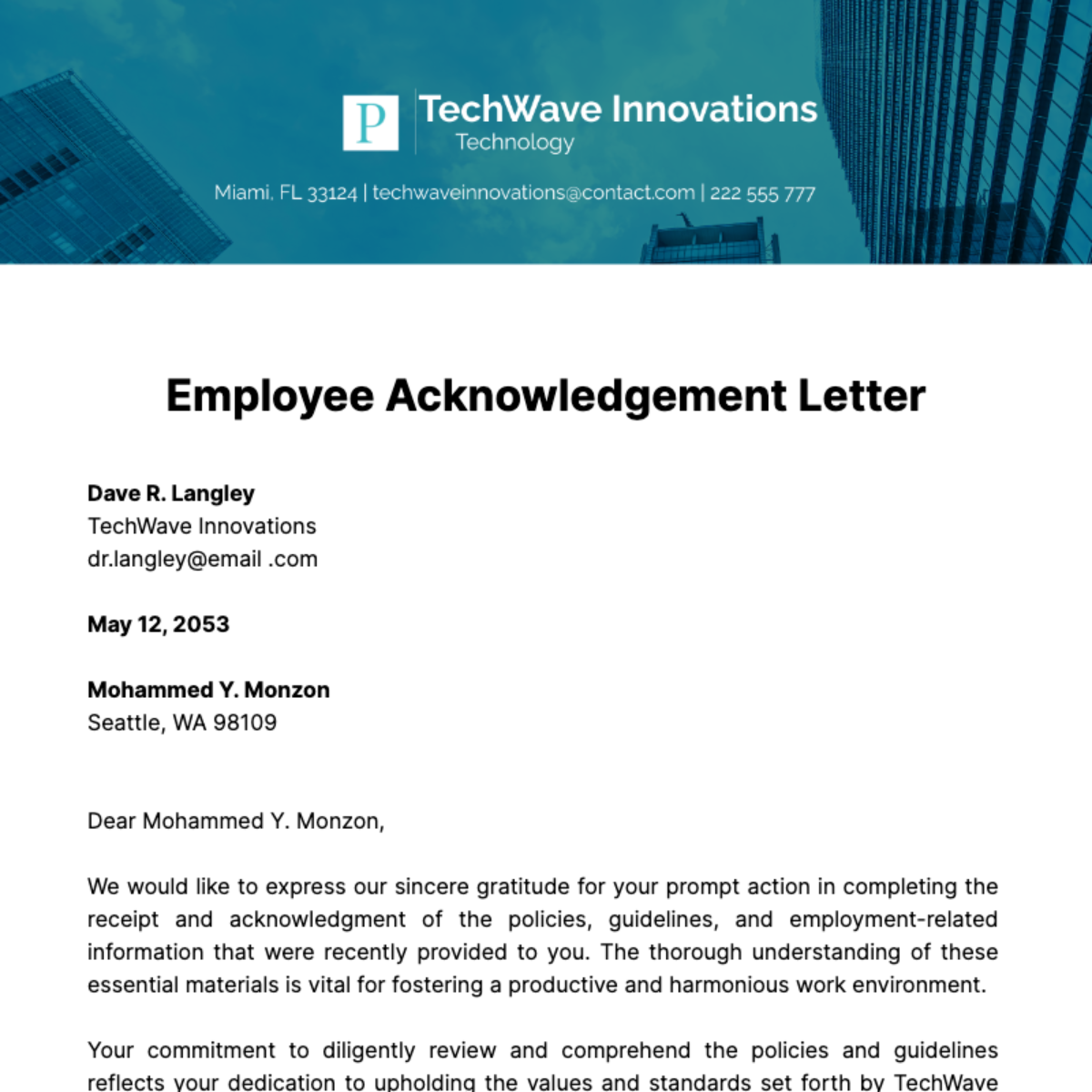 Employee Acknowledgement Letter Template