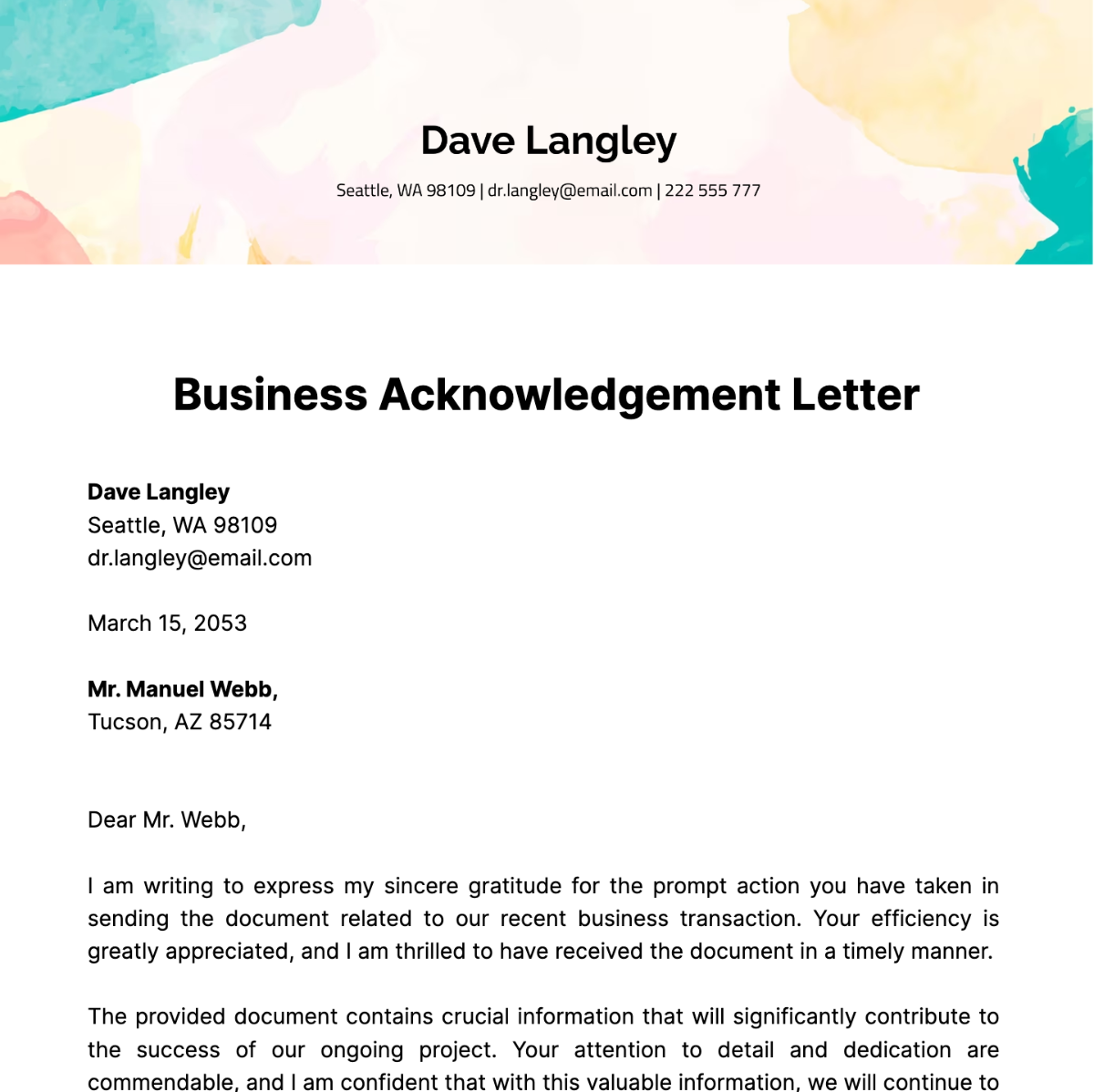 Business Acknowledgement Letter Template
