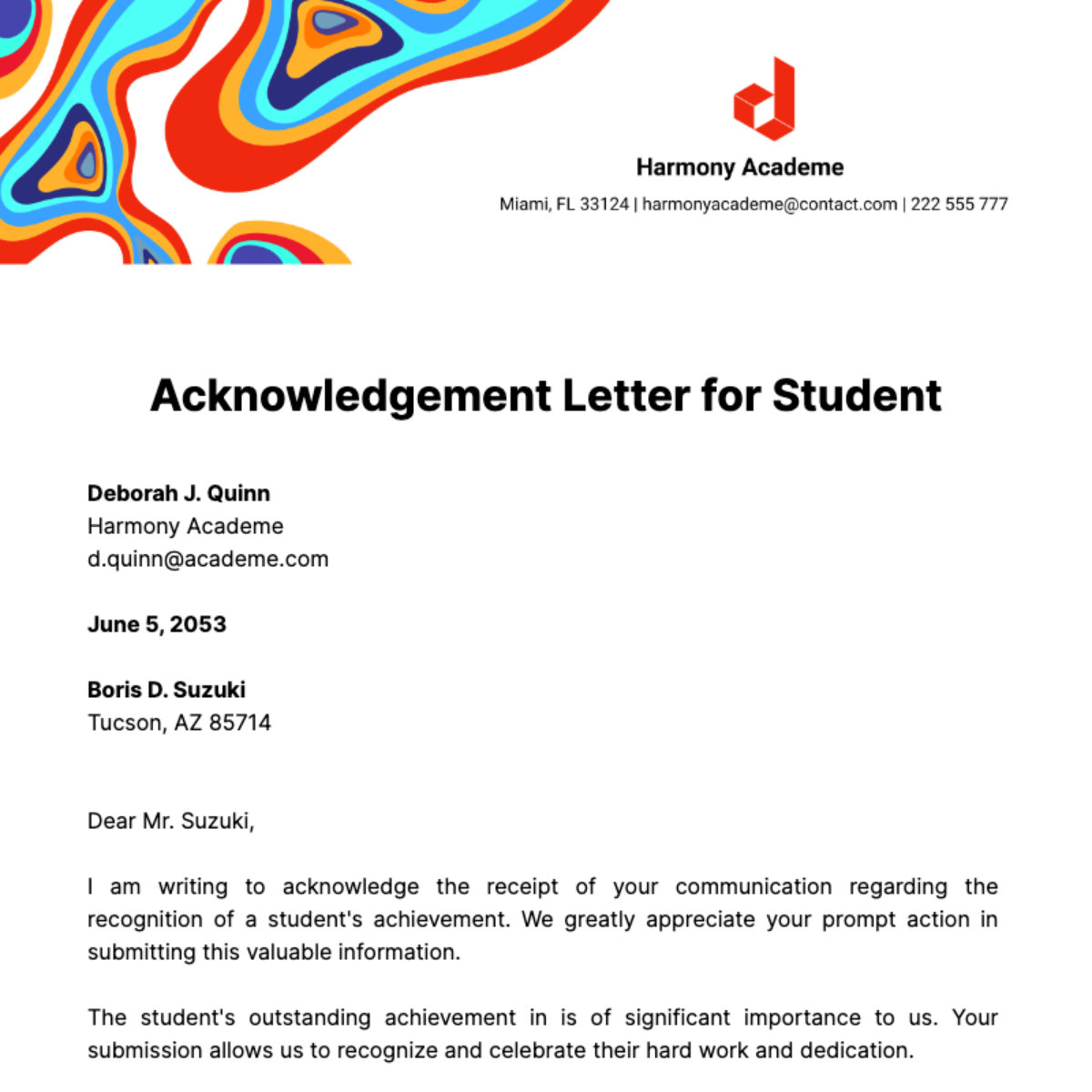 Acknowledgement Letter for Student Template