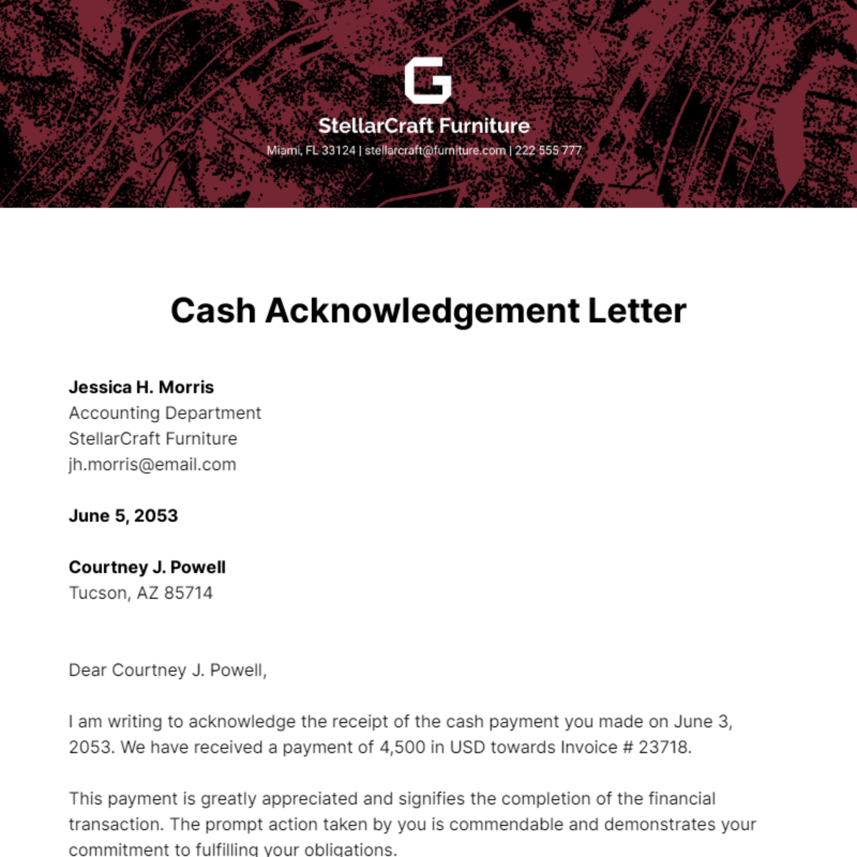 Cash Acknowledgement Letter Template