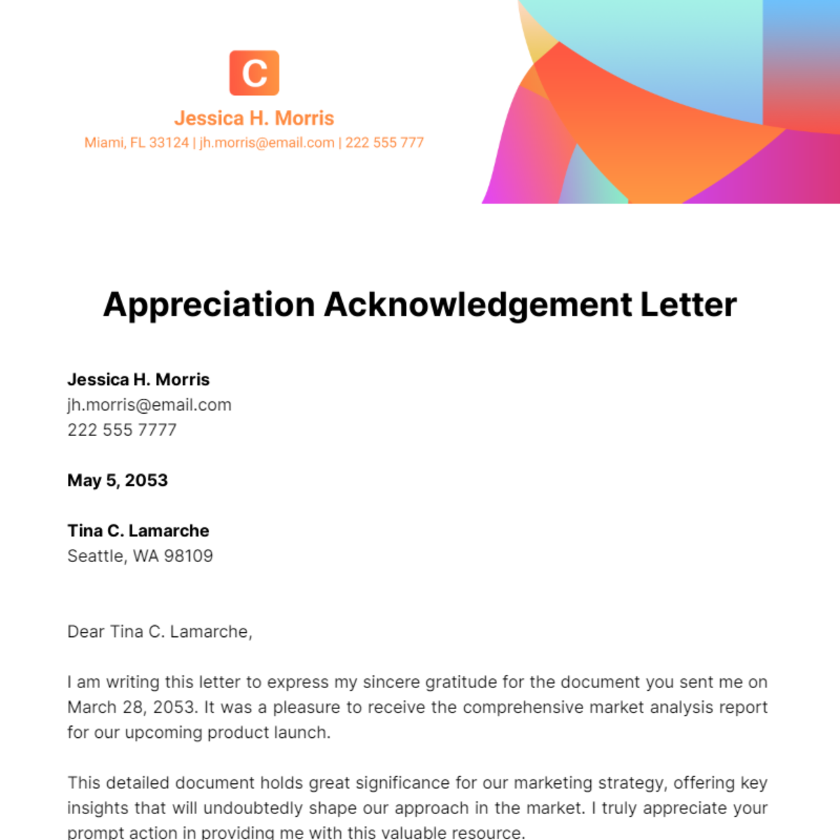 Appreciation Acknowledgement Letter Template