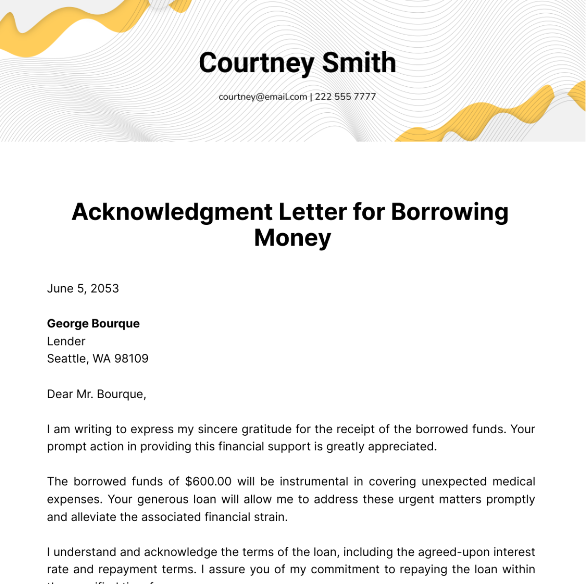 Acknowledgement Letter for Borrowing Money Template