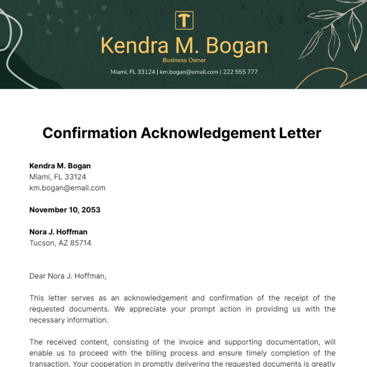 Confirmation Acknowledgement Letter Template