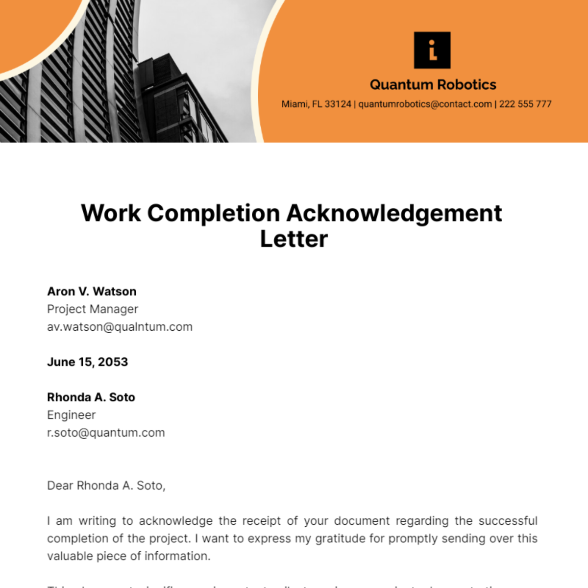 Work Completion Acknowledgement Letter Template