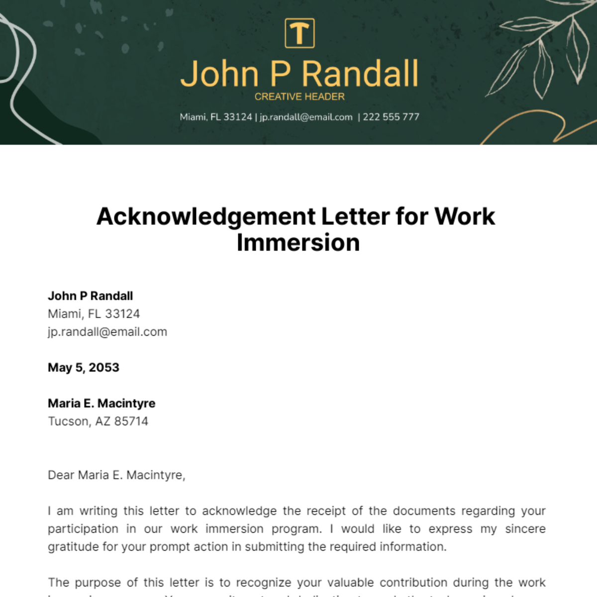 Acknowledgement Letter for Work Immersion Template