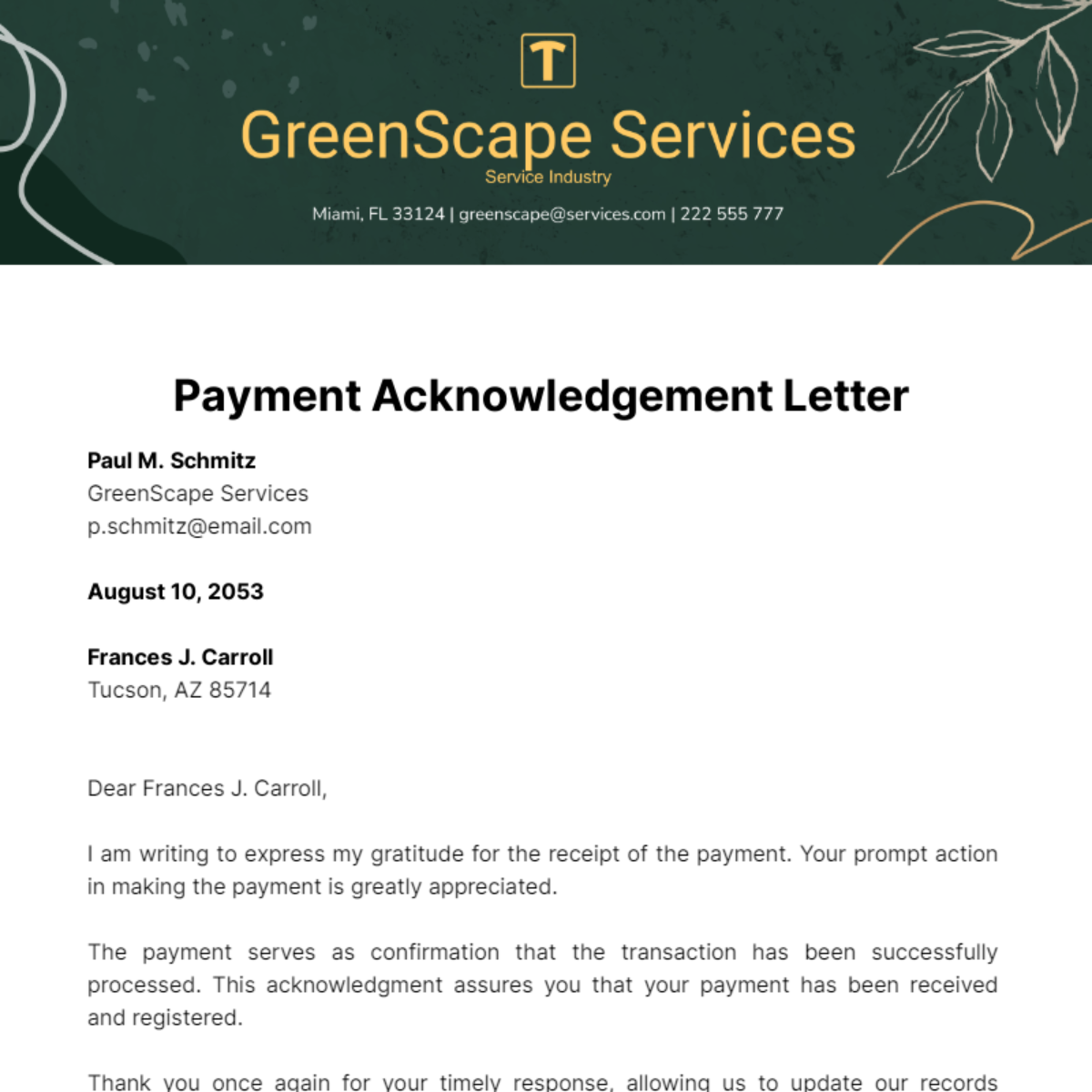 Payment Acknowledgement Letter Template