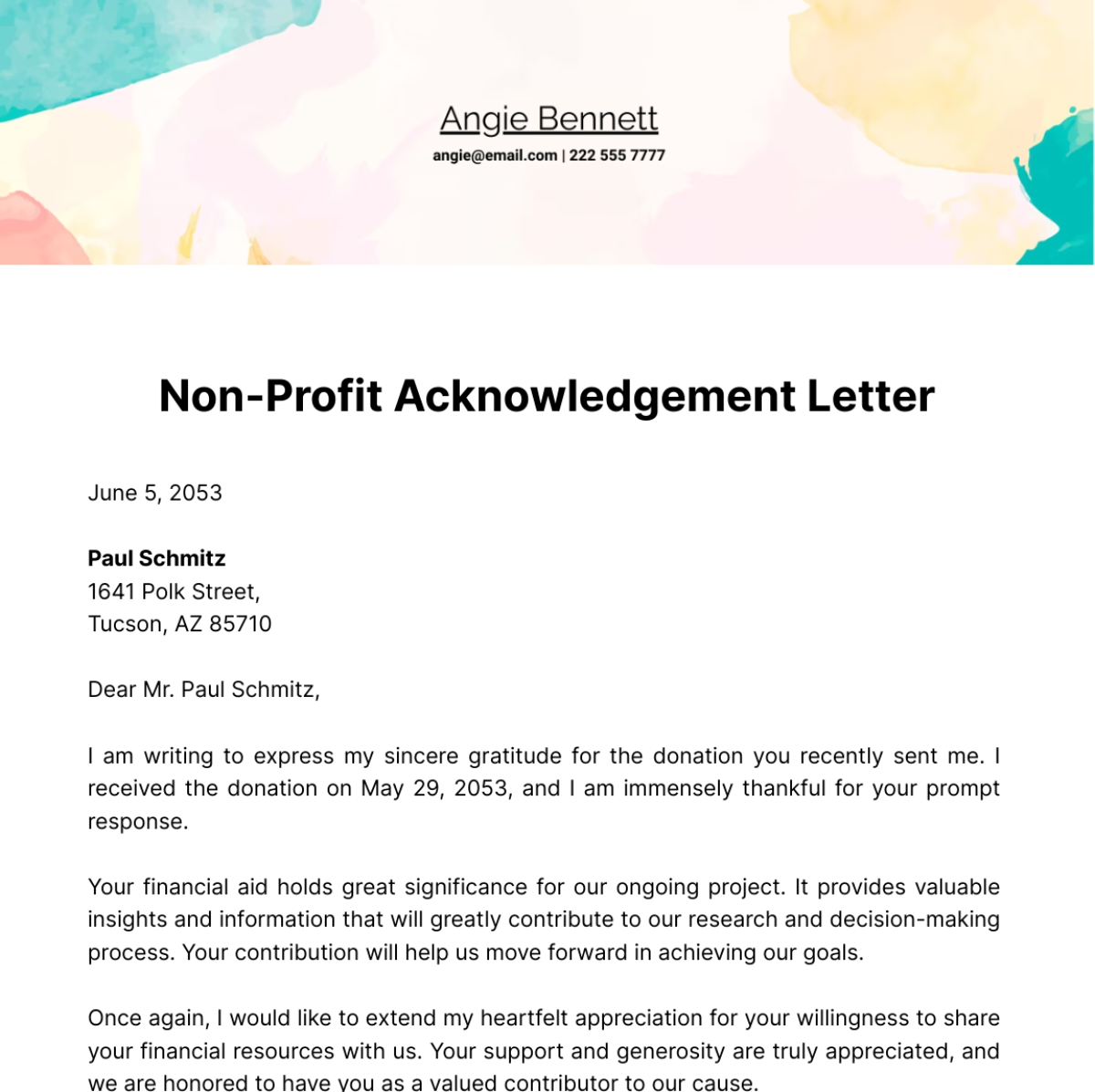 Non Profit Acknowledgement Letter Template