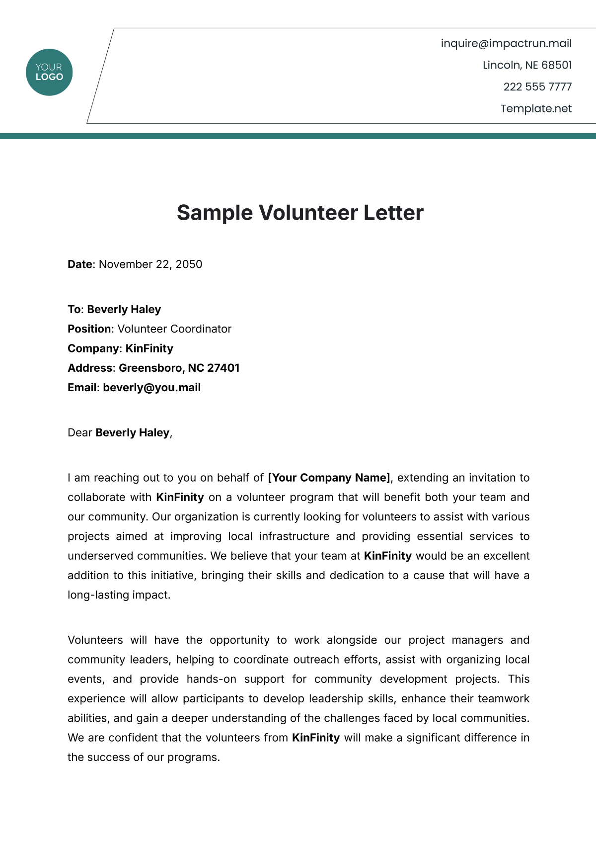 Sample Volunteer Letter Template - Edit Online & Download