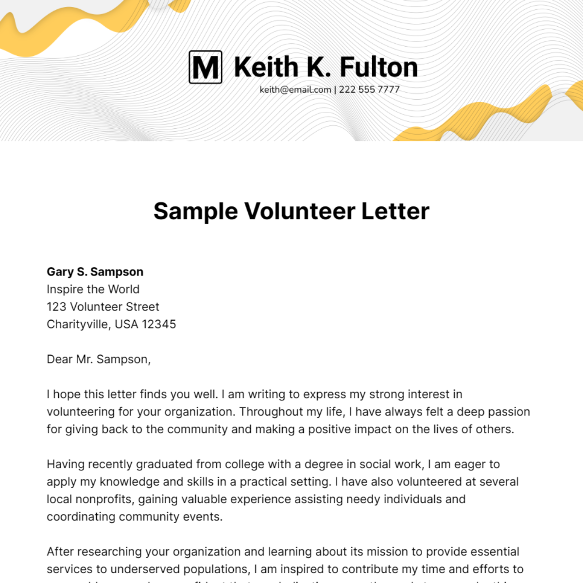 Sample Volunteer Letter Template