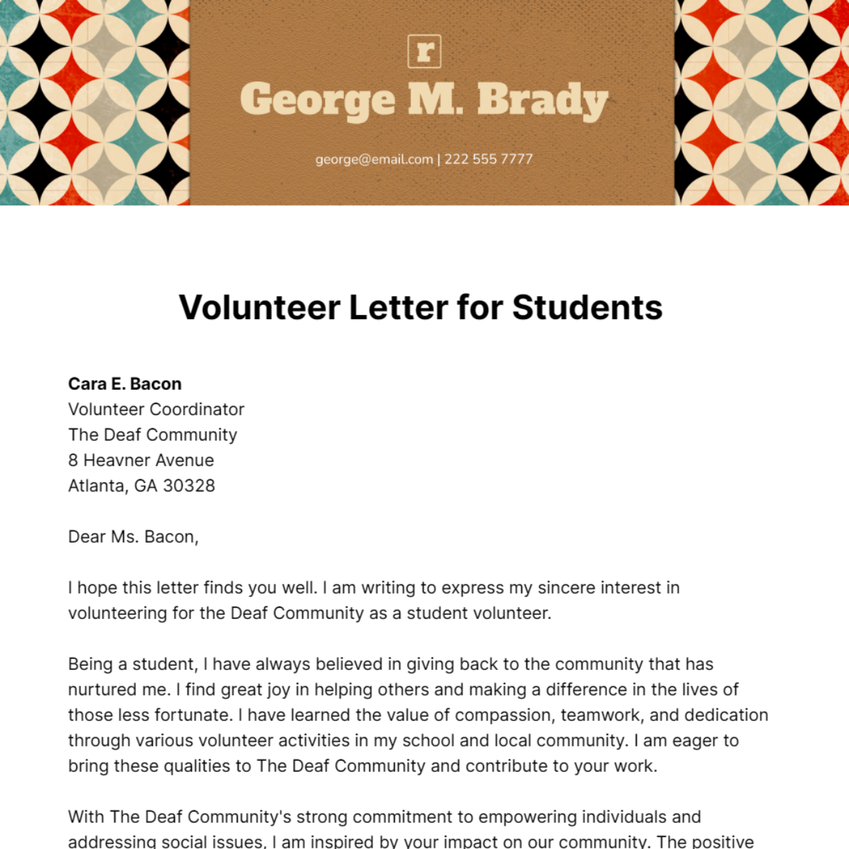 Free Volunteer Letter for Students Template