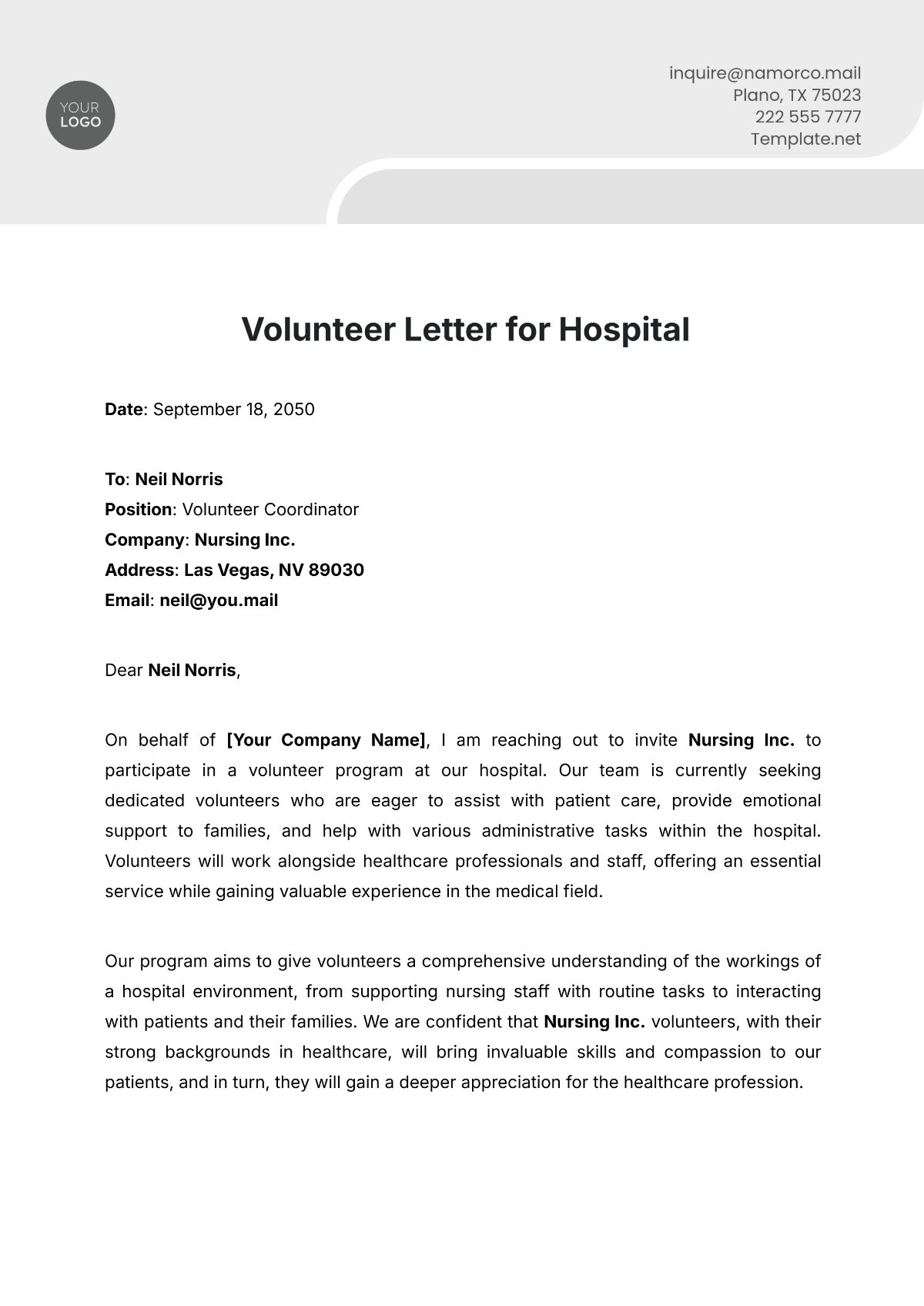 Volunteer Letter for Hospital Template - Edit Online & Download