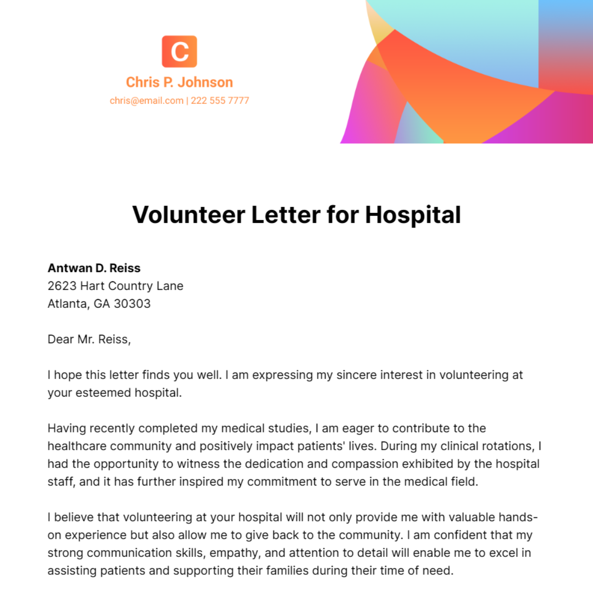 Free Volunteer Letter for Hospital Template