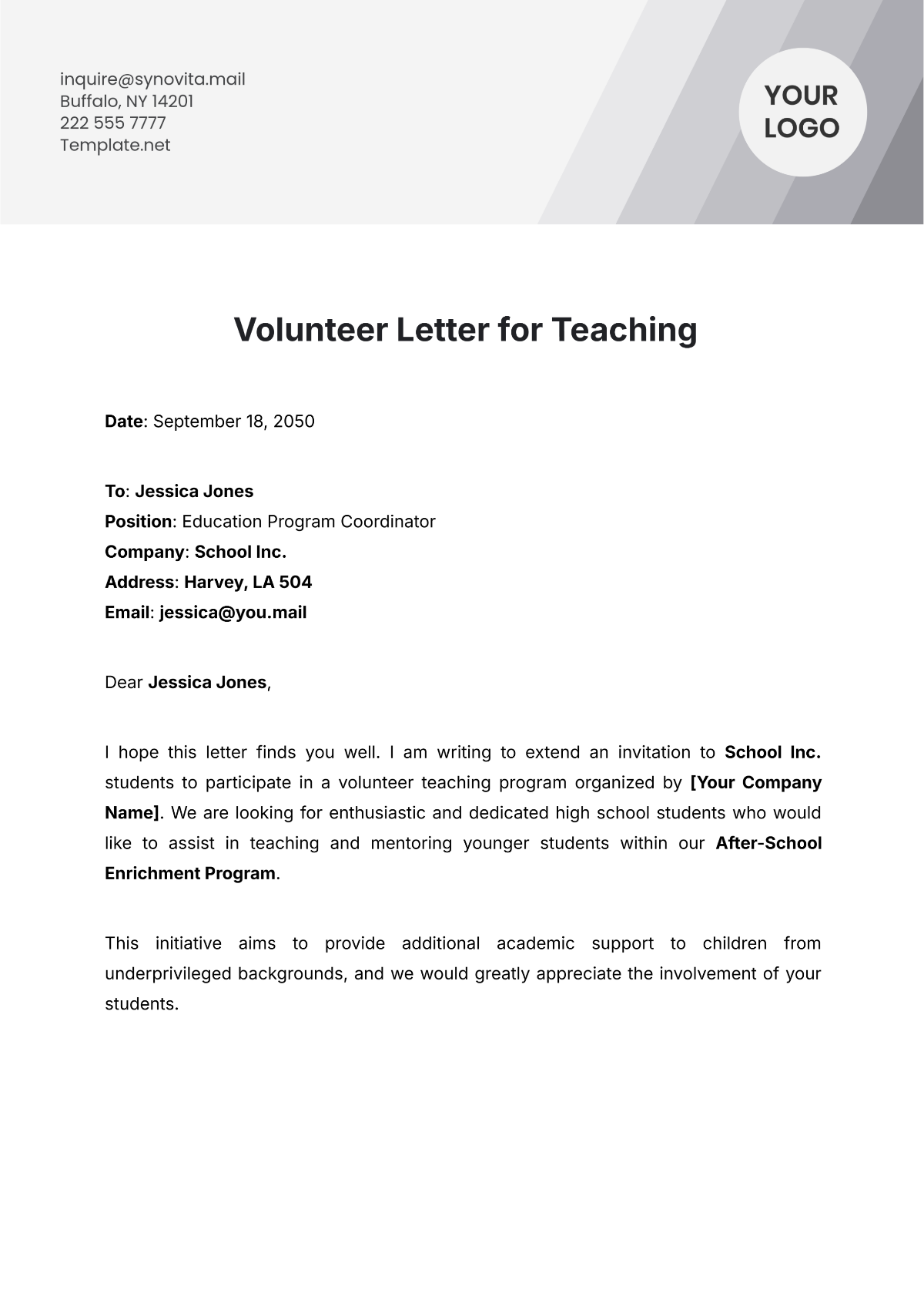 Volunteer Letter for Teaching Template - Edit Online & Download