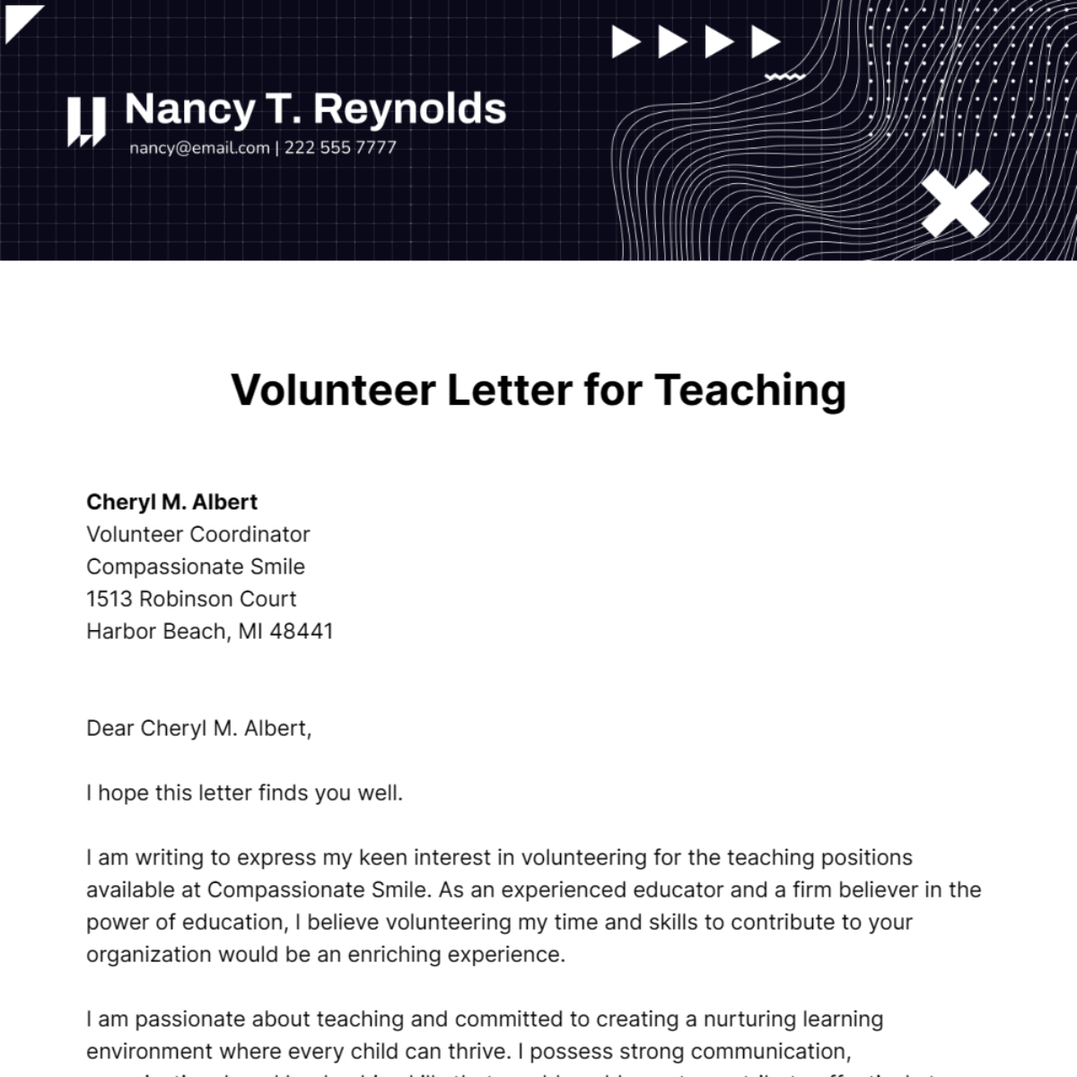 Free Volunteer Letter for Teaching Template
