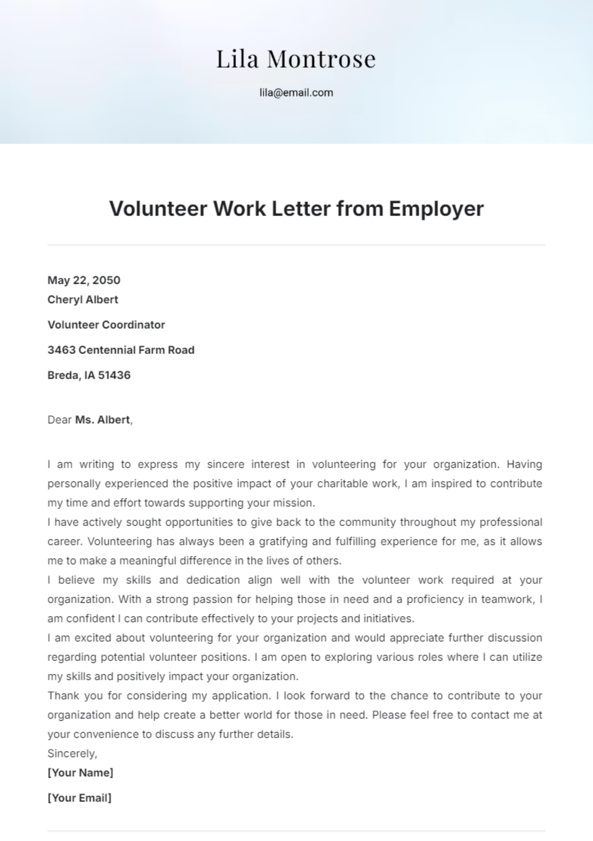 Volunteer Work Letter from Employer Template