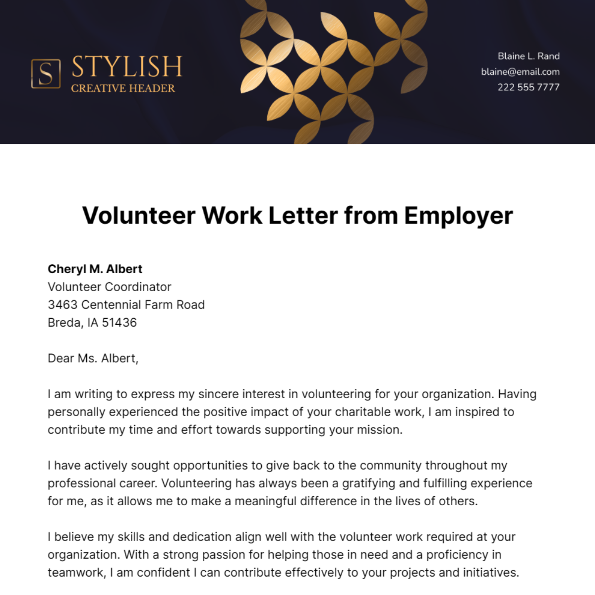 Free Volunteer Work Letter from Employer Template