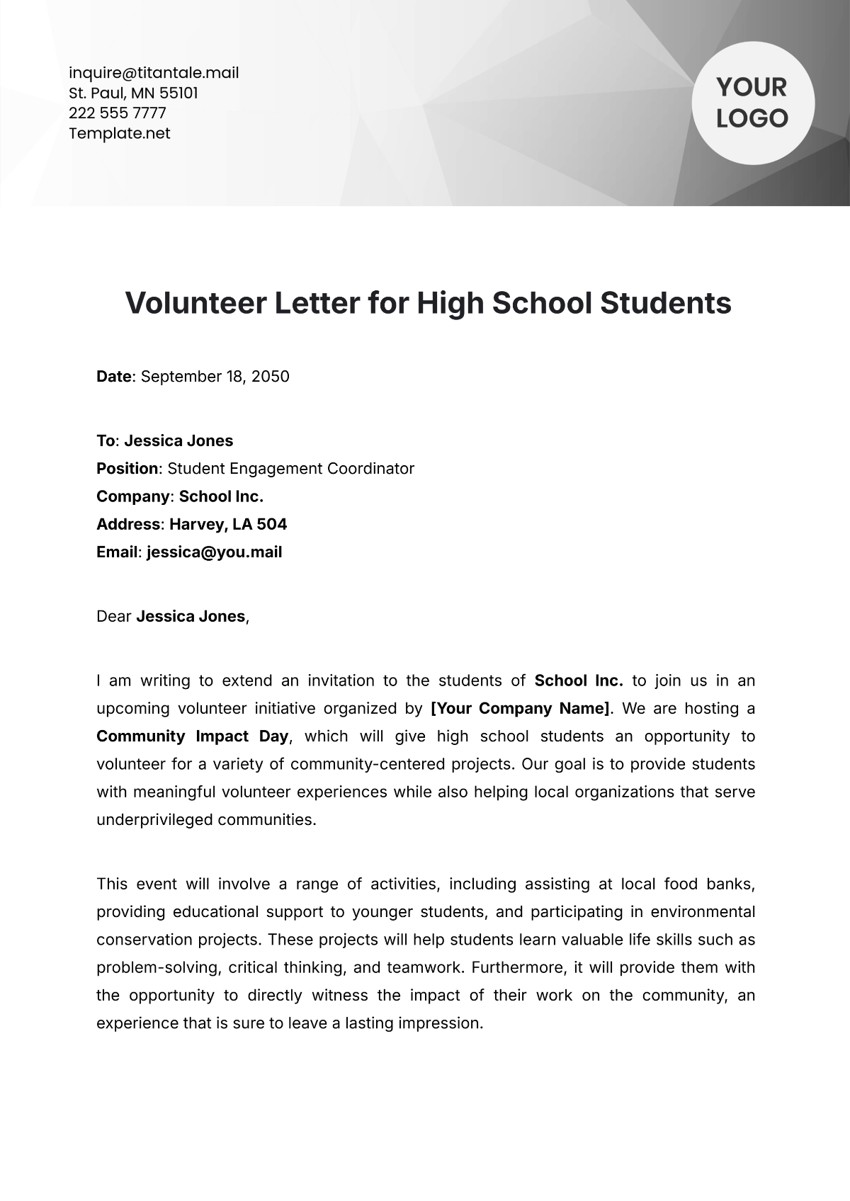 Volunteer Letter for High School Students Template - Edit Online & Download