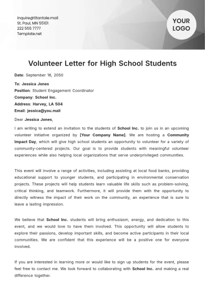 Free Volunteer Letter for High School Students Template to Edit Online