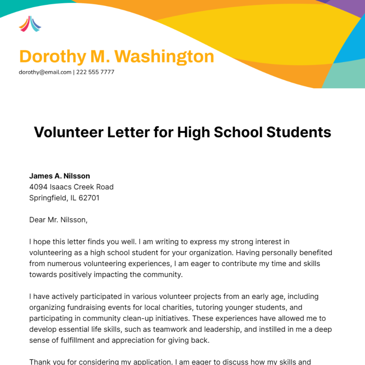 Free Volunteer Letter for High School Students Template