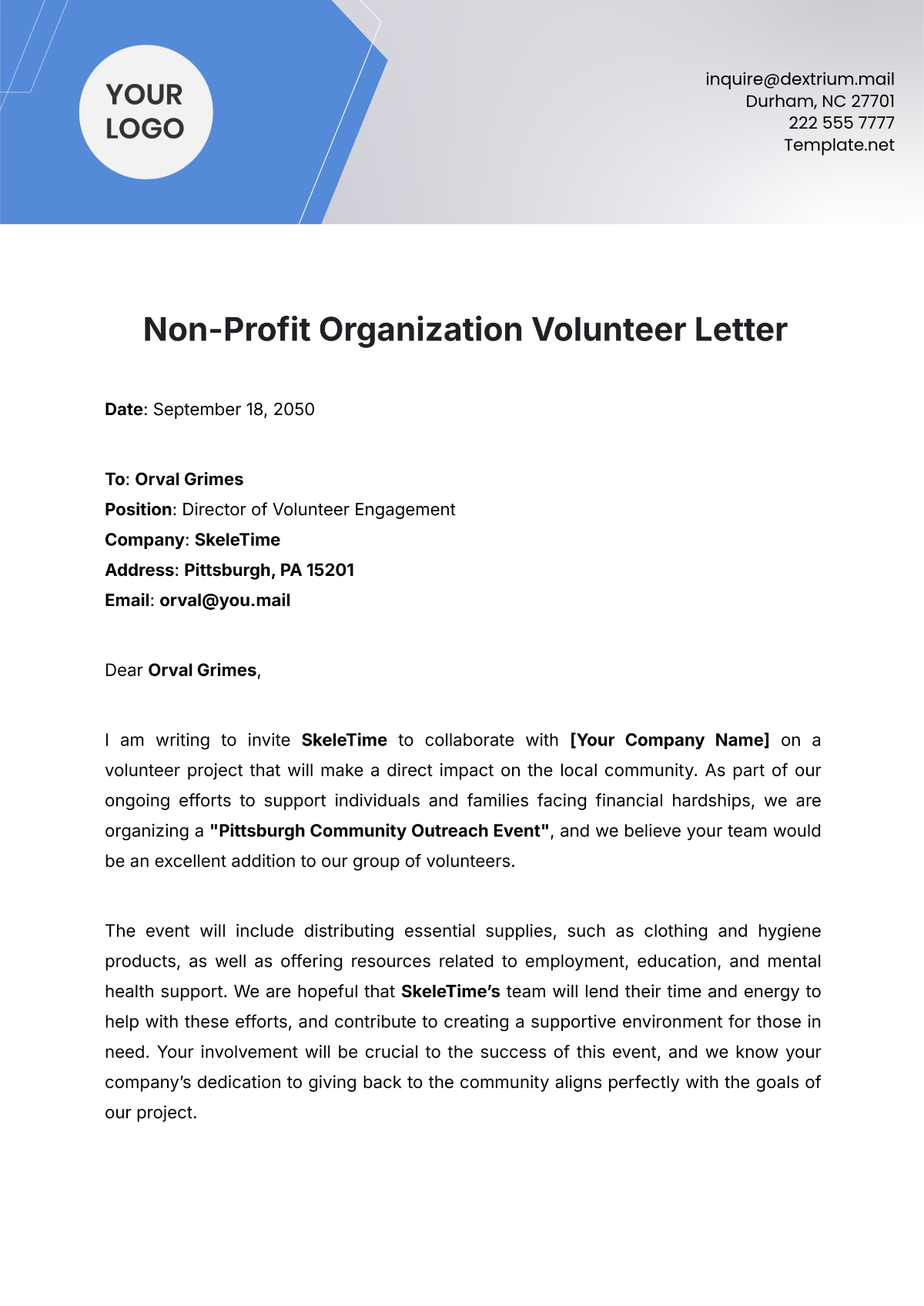 Non Profit Organization Volunteer Letter Template - Edit Online & Download