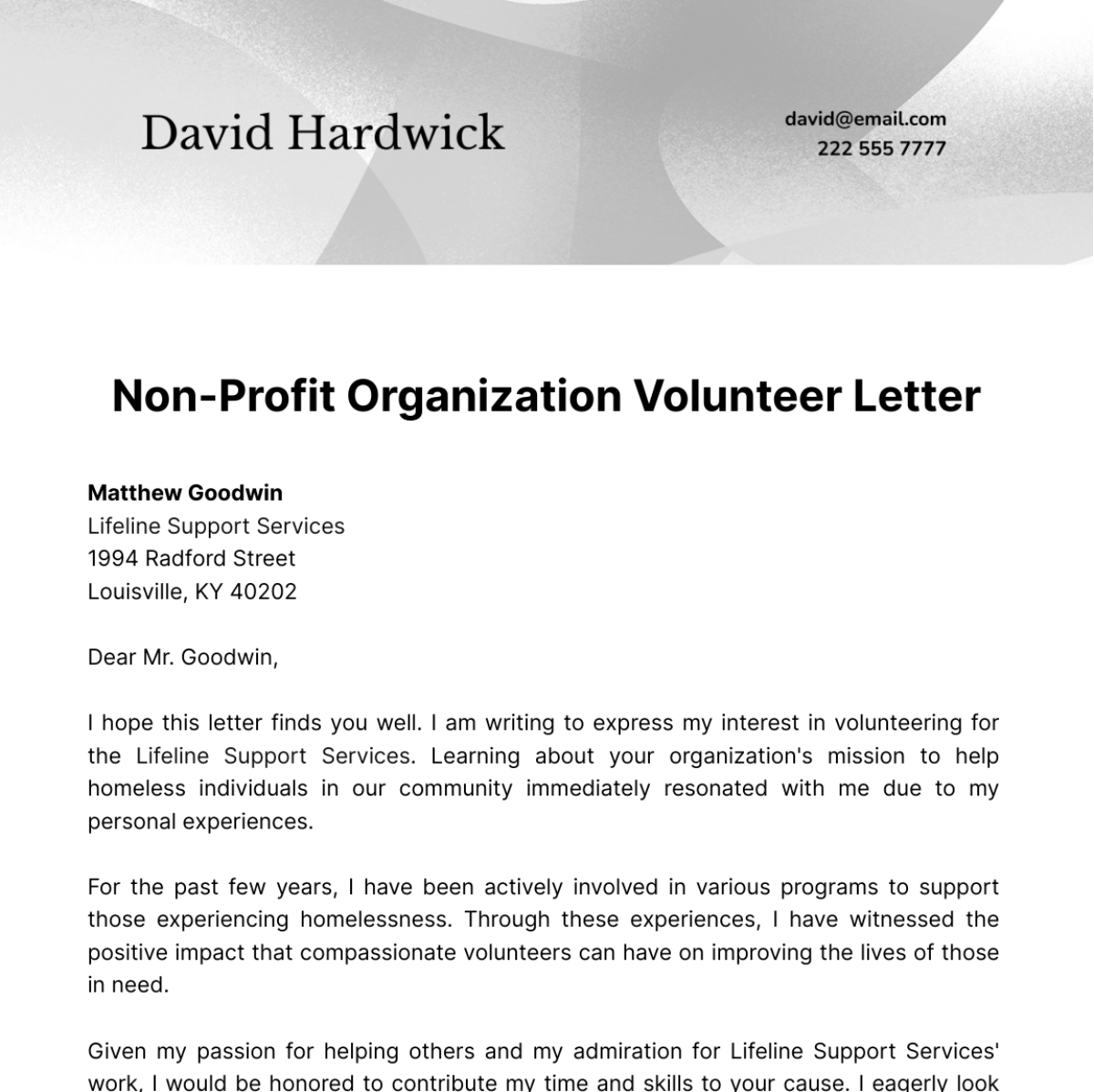 Non Profit Organization Volunteer Letter Template
