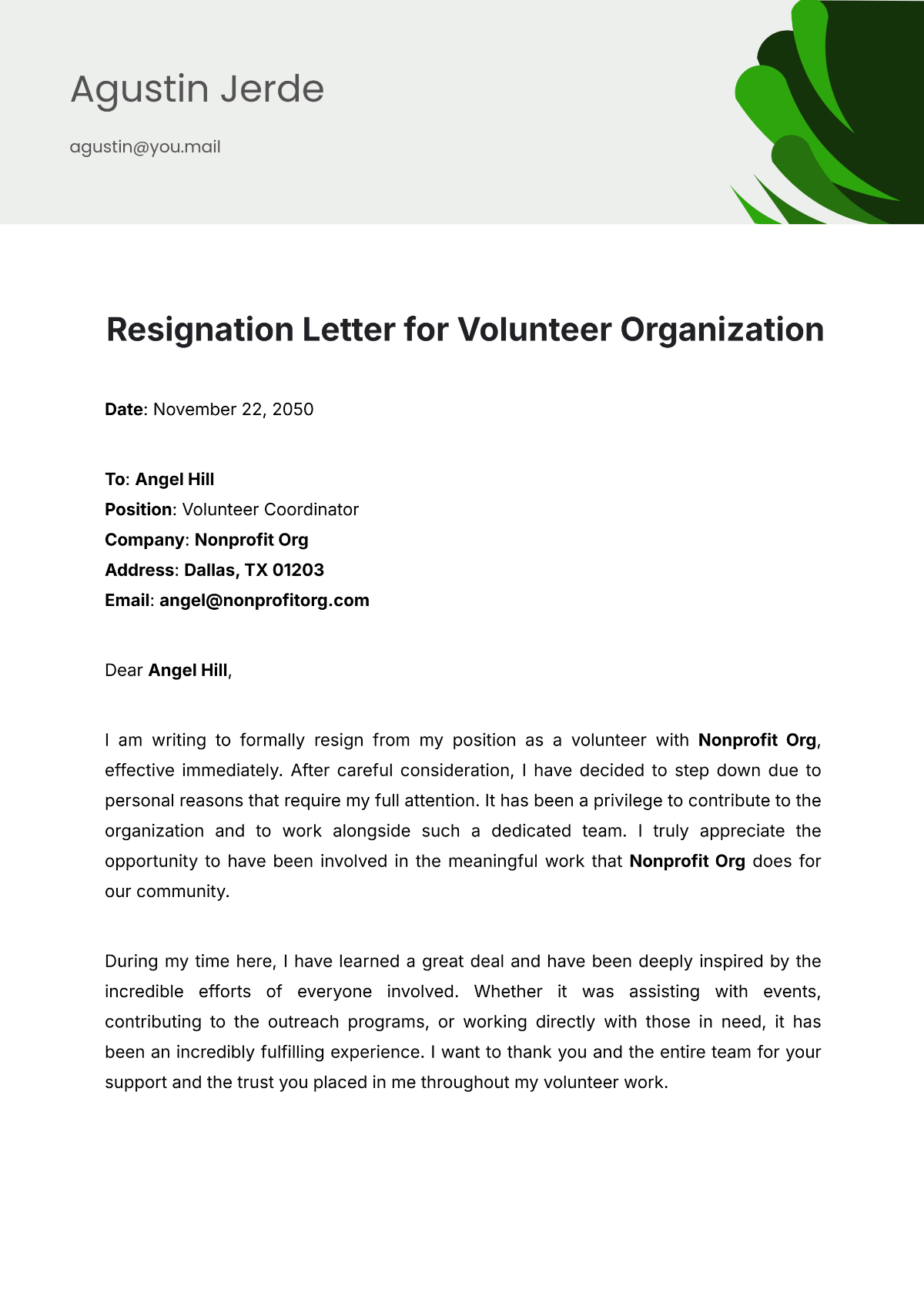 Resignation Letter for Volunteer Organization Template - Edit Online & Download