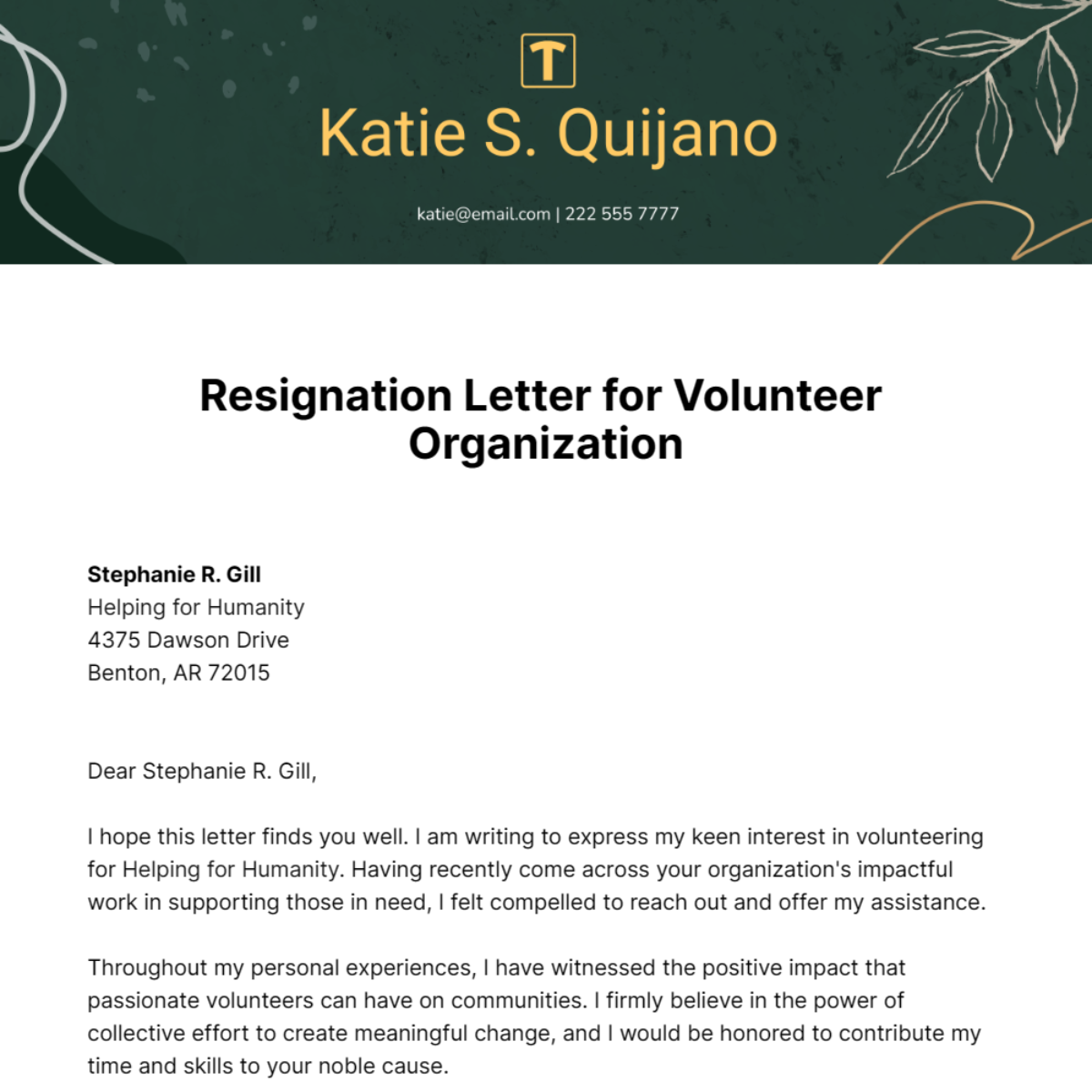 Resignation Letter for Volunteer Organization Template