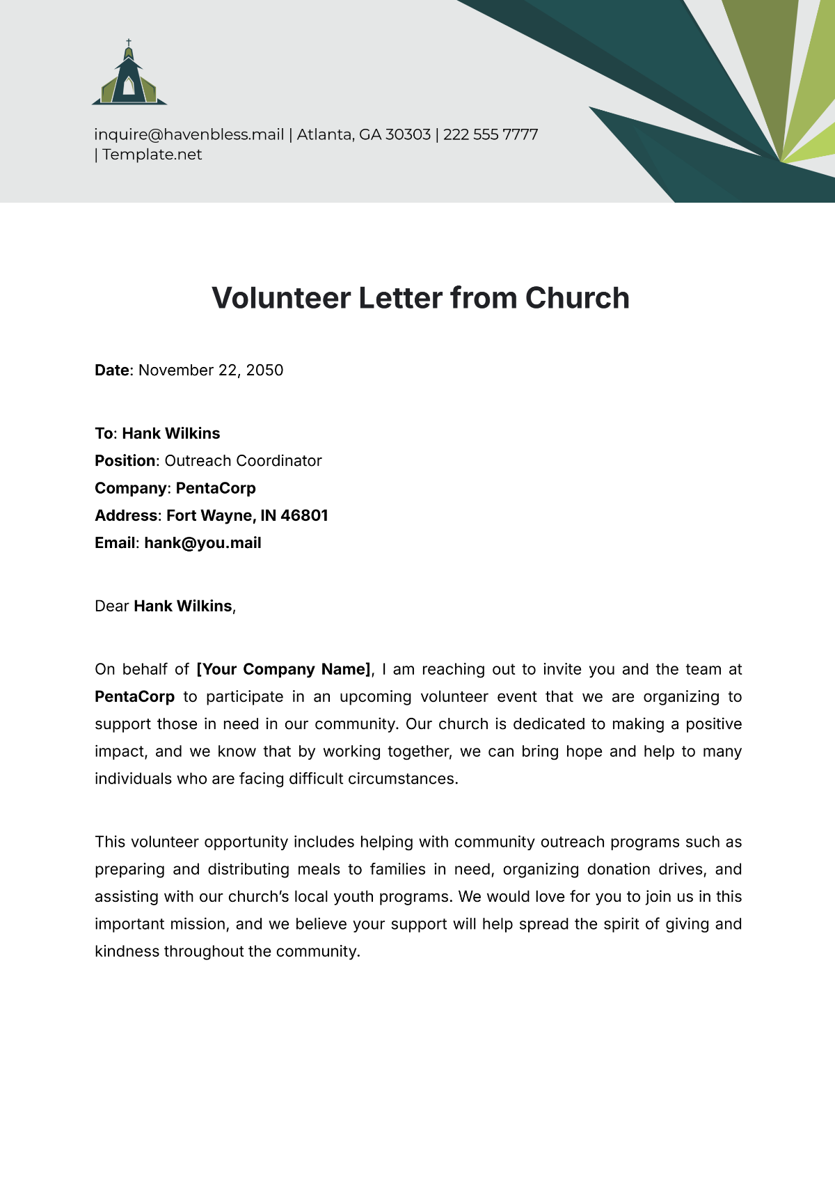 Volunteer Letter from Church Template - Edit Online & Download