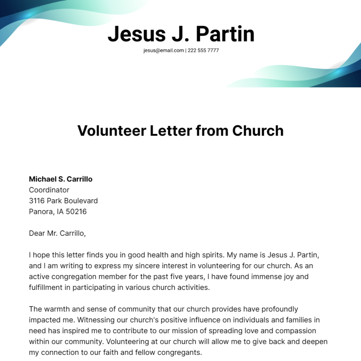 Free Volunteer Letter from Church Template