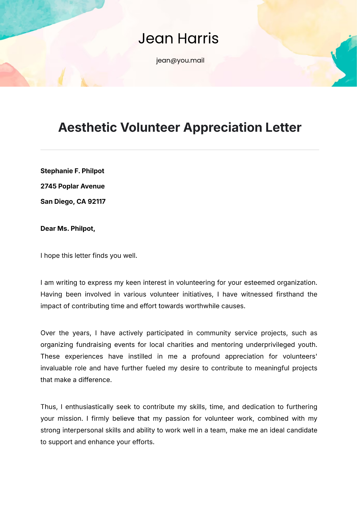 Aesthetic Volunteer Appreciation Letter Template - Edit Online & Download