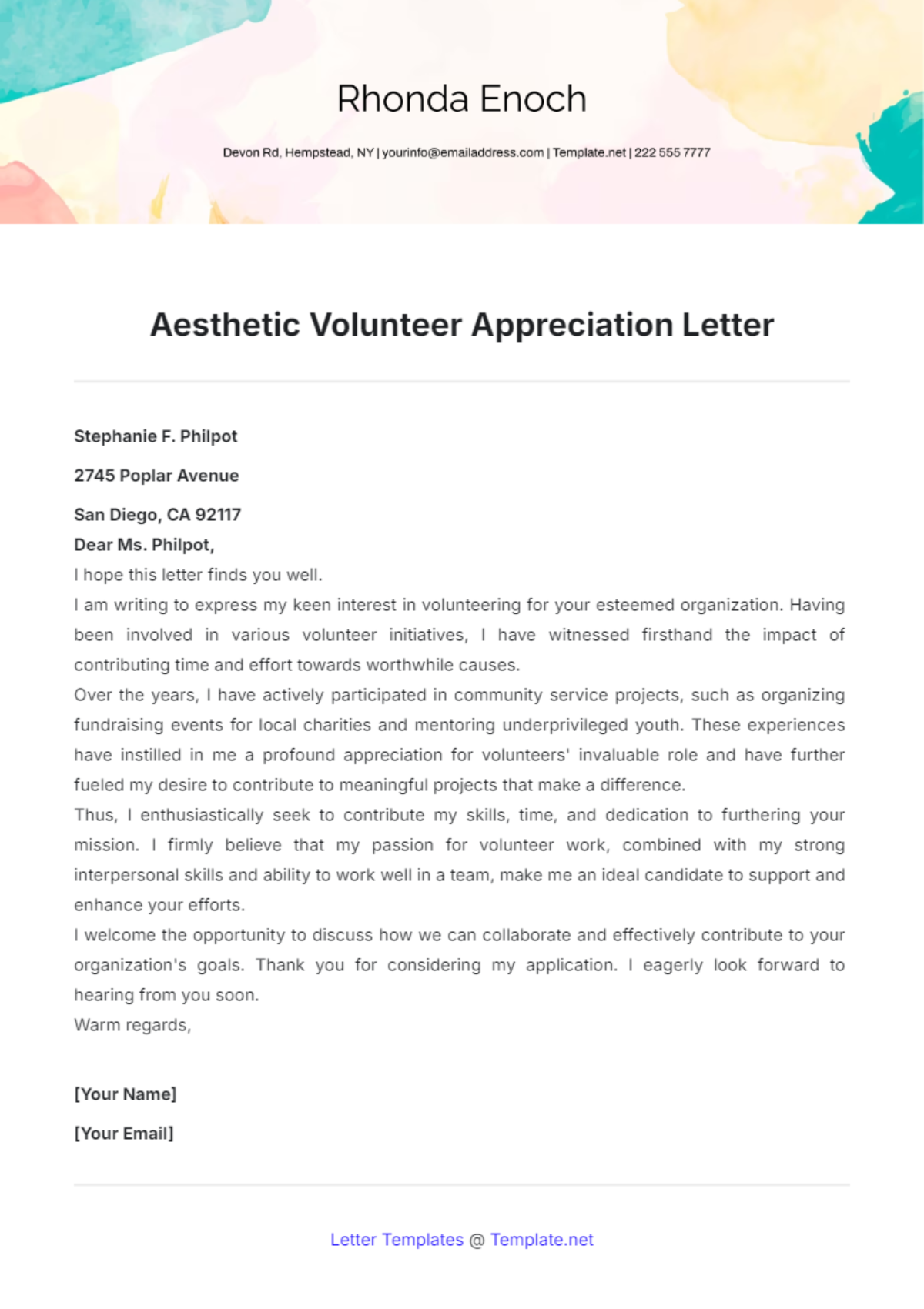 Aesthetic Volunteer Appreciation Letter Template - Edit Online & Download