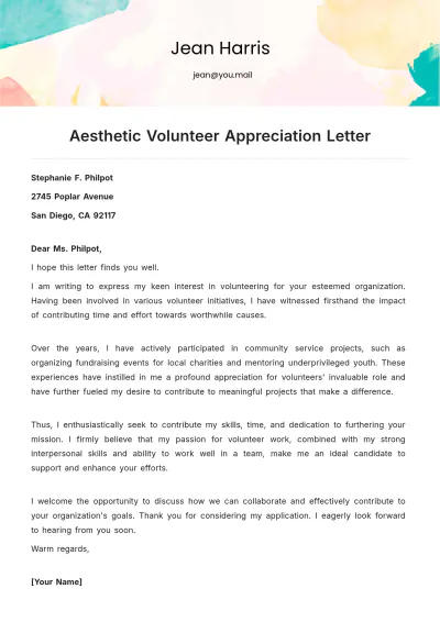 Free Aesthetic Volunteer Appreciation Letter Template to Edit Online