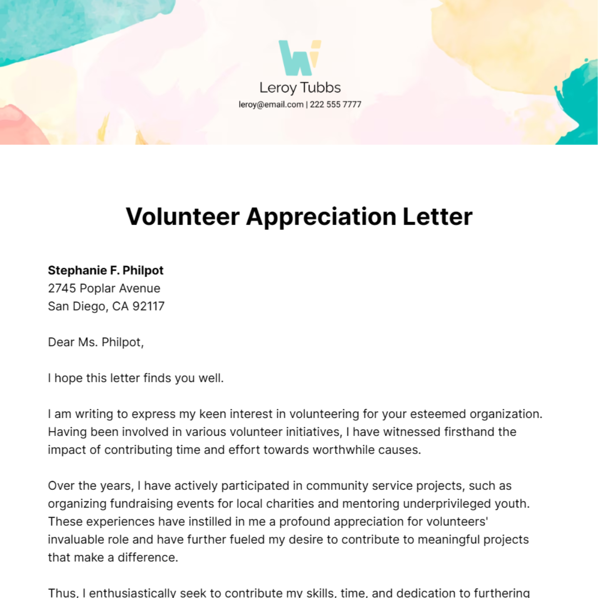 Volunteer Appreciation Letter Template