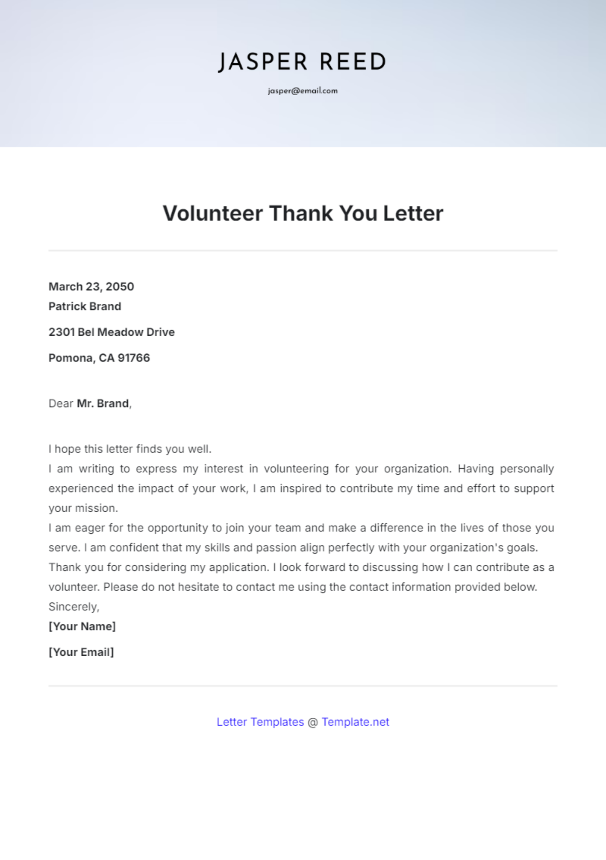 Volunteer Thank You Letter Template - Edit Online & Download