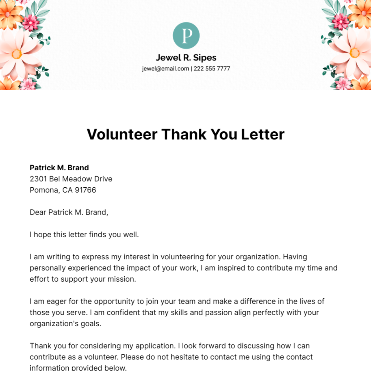 Volunteer Thank You Letter Template