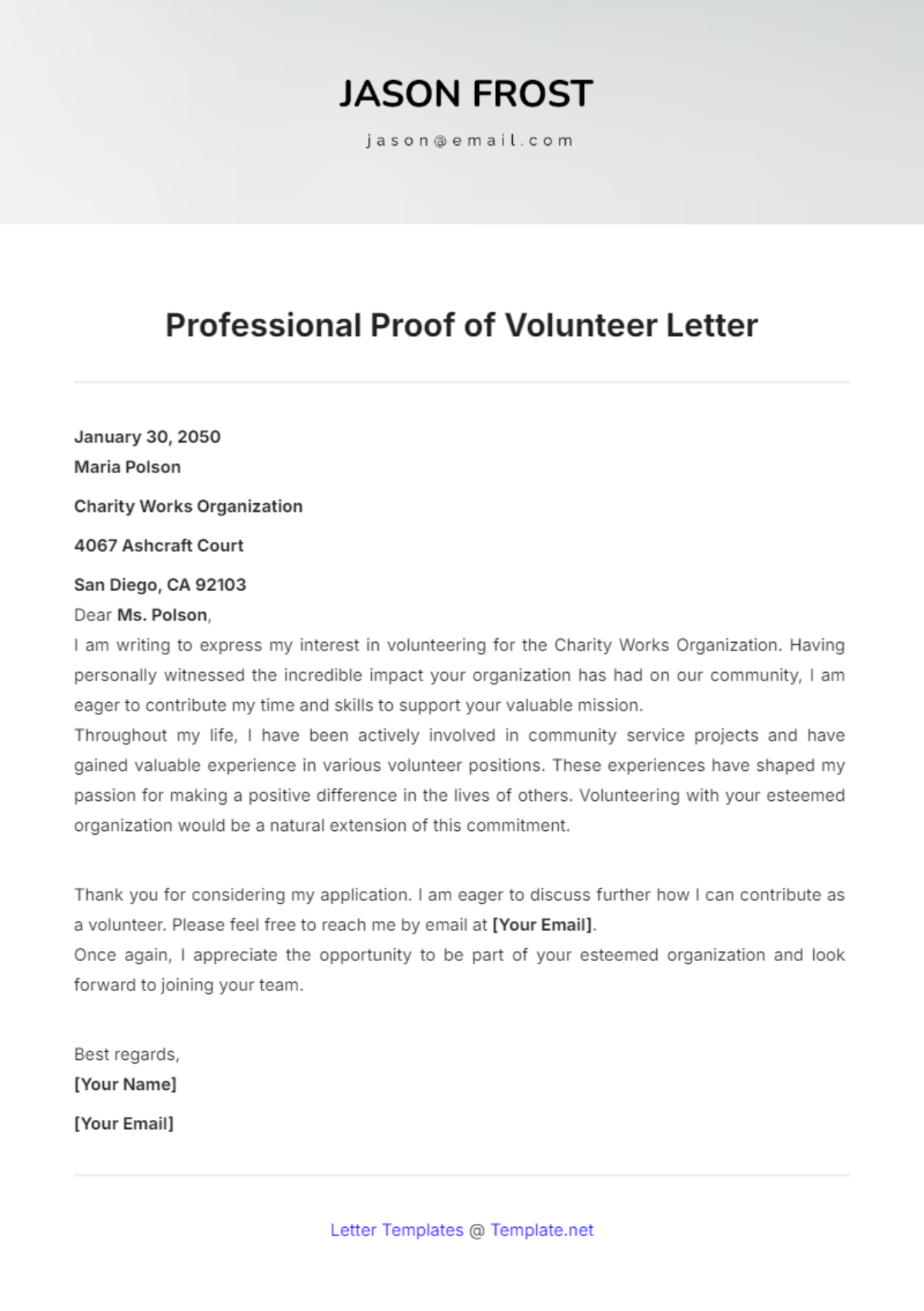 Professional Proof of Volunteer Letter Template - Edit Online & Download