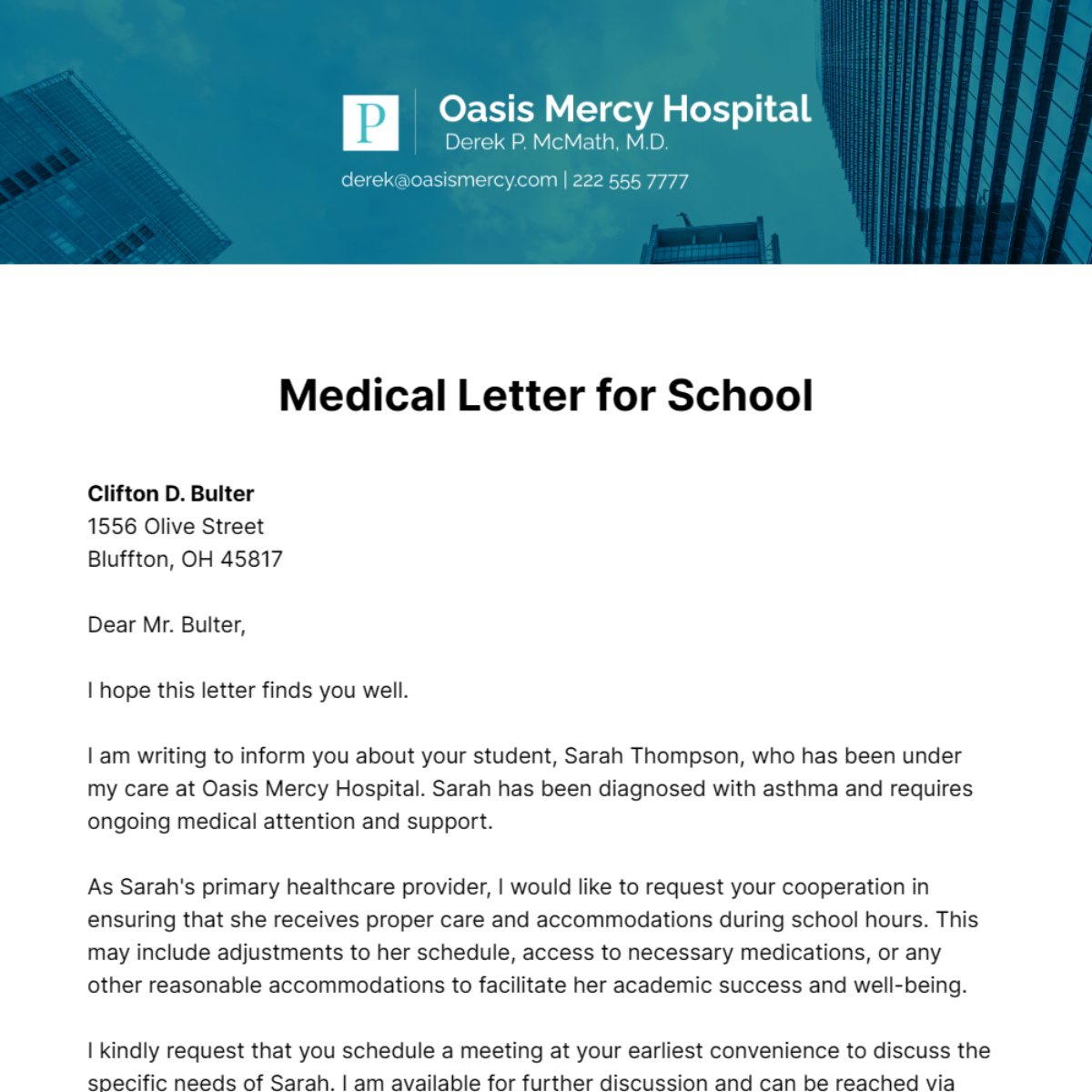 Free Medical Letter for School Template