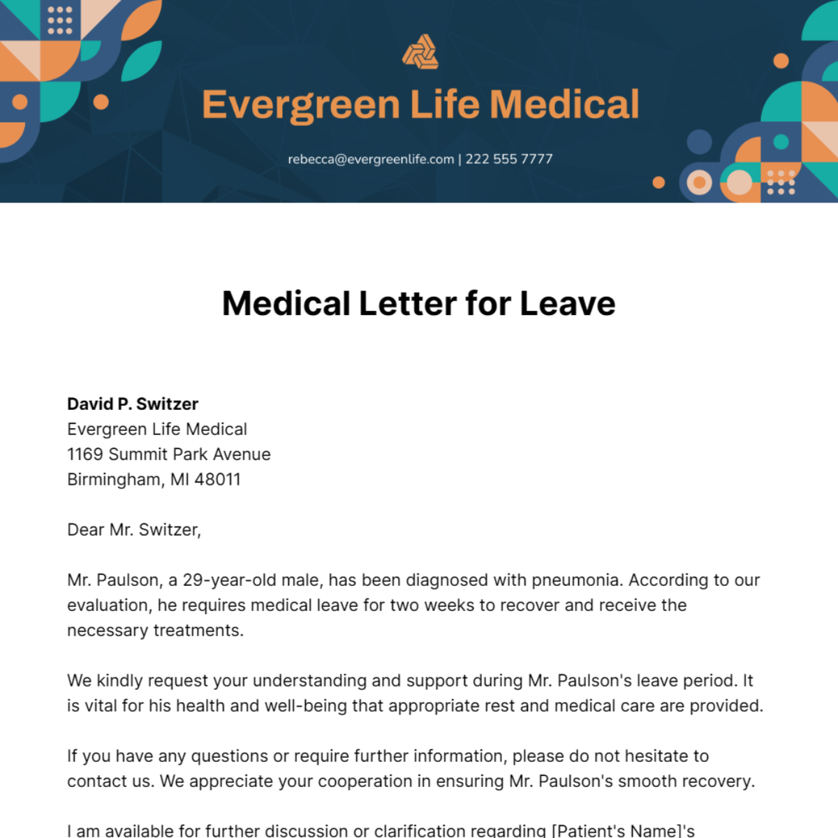 Free Medical Letter for Leave Template