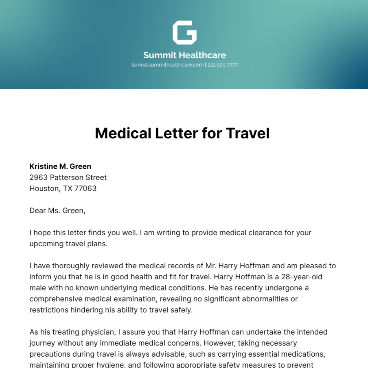 Free Medical Letter for Travel Template