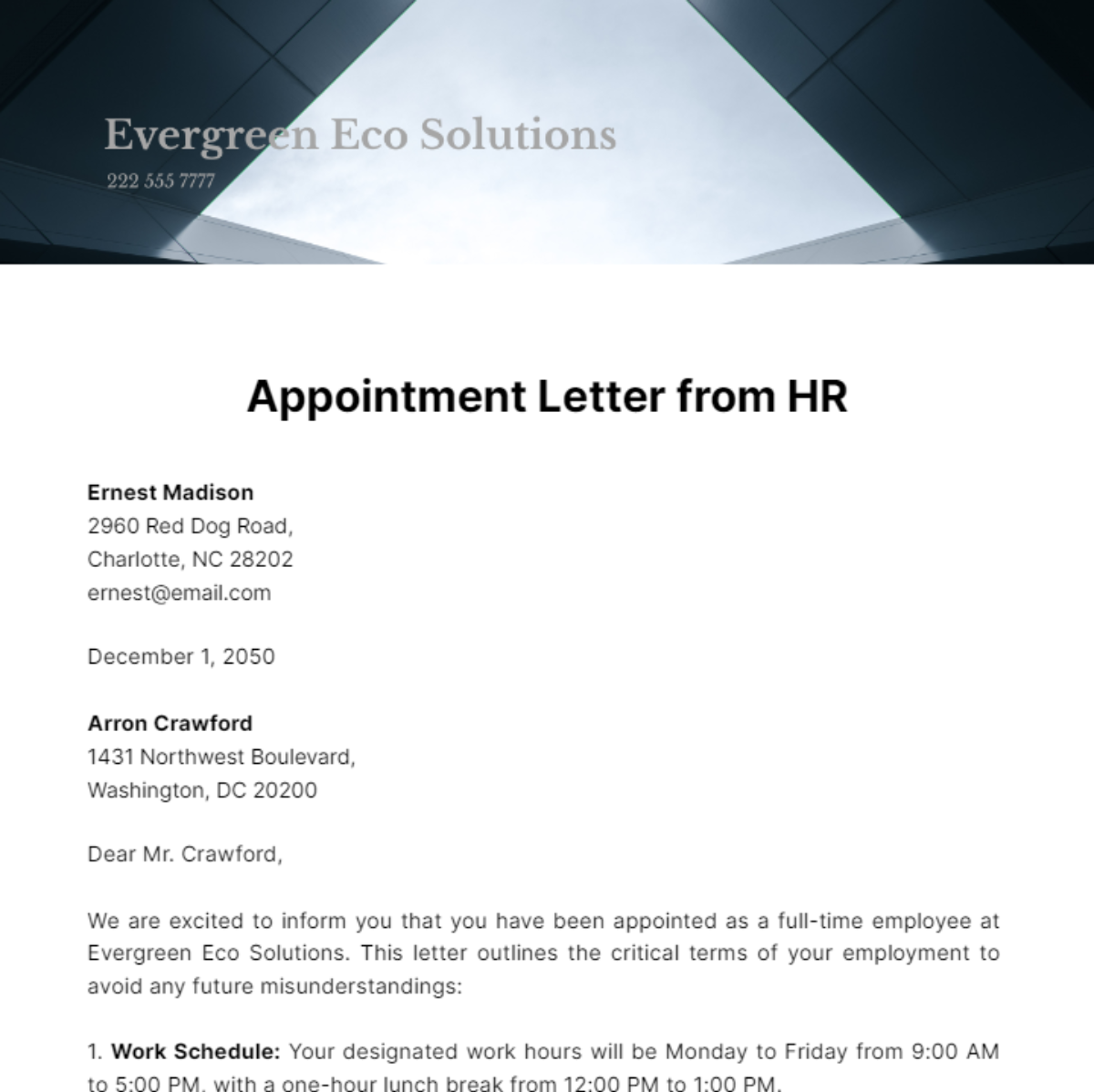 Free Appointment Letter from HR Template