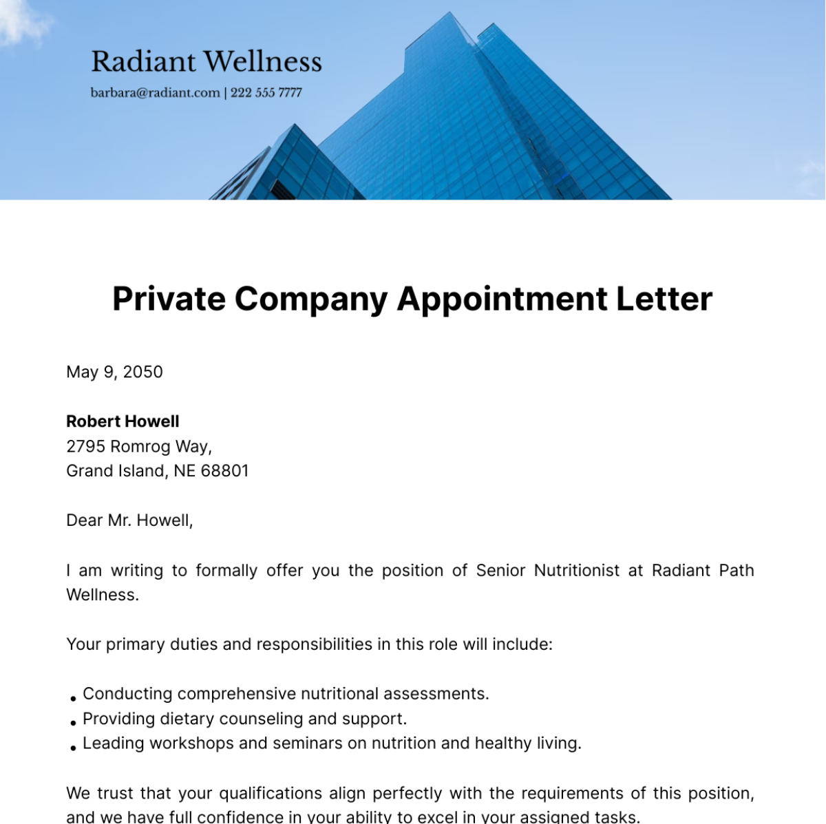 Private Company Appointment Letter Template