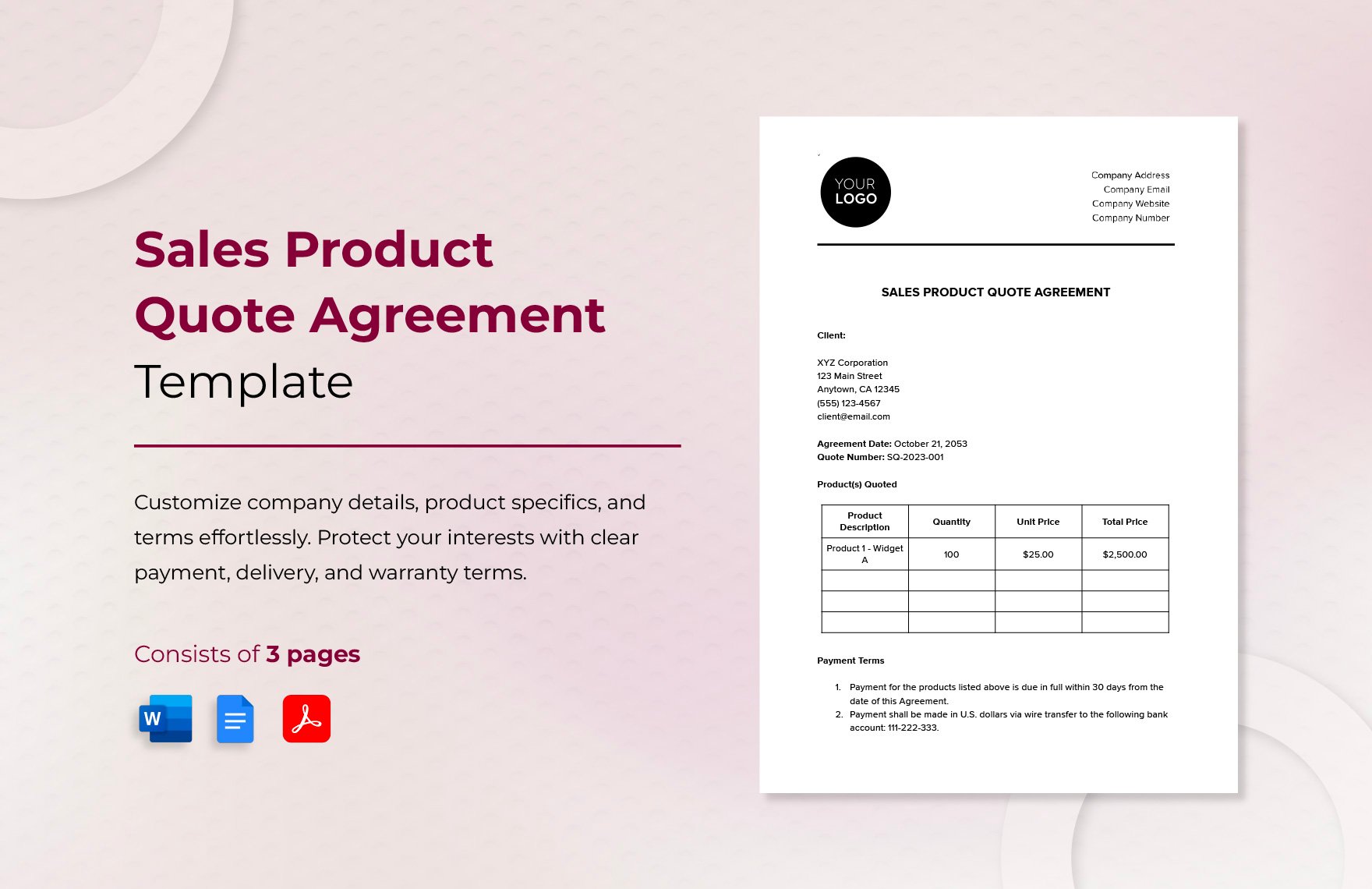 Sales Product Quote Agreement Template in Word, Google Docs, PDF