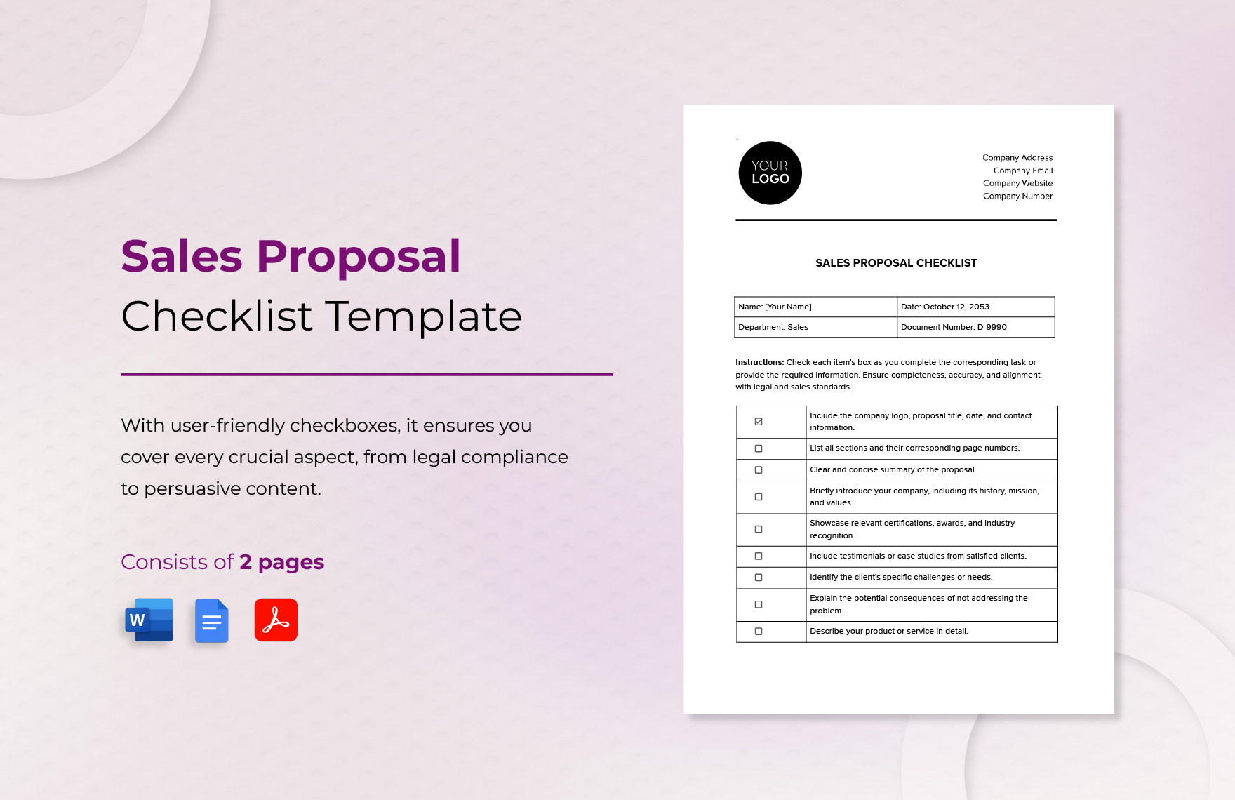 Sales Proposal Checklist Template in Word, Google Docs, PDF